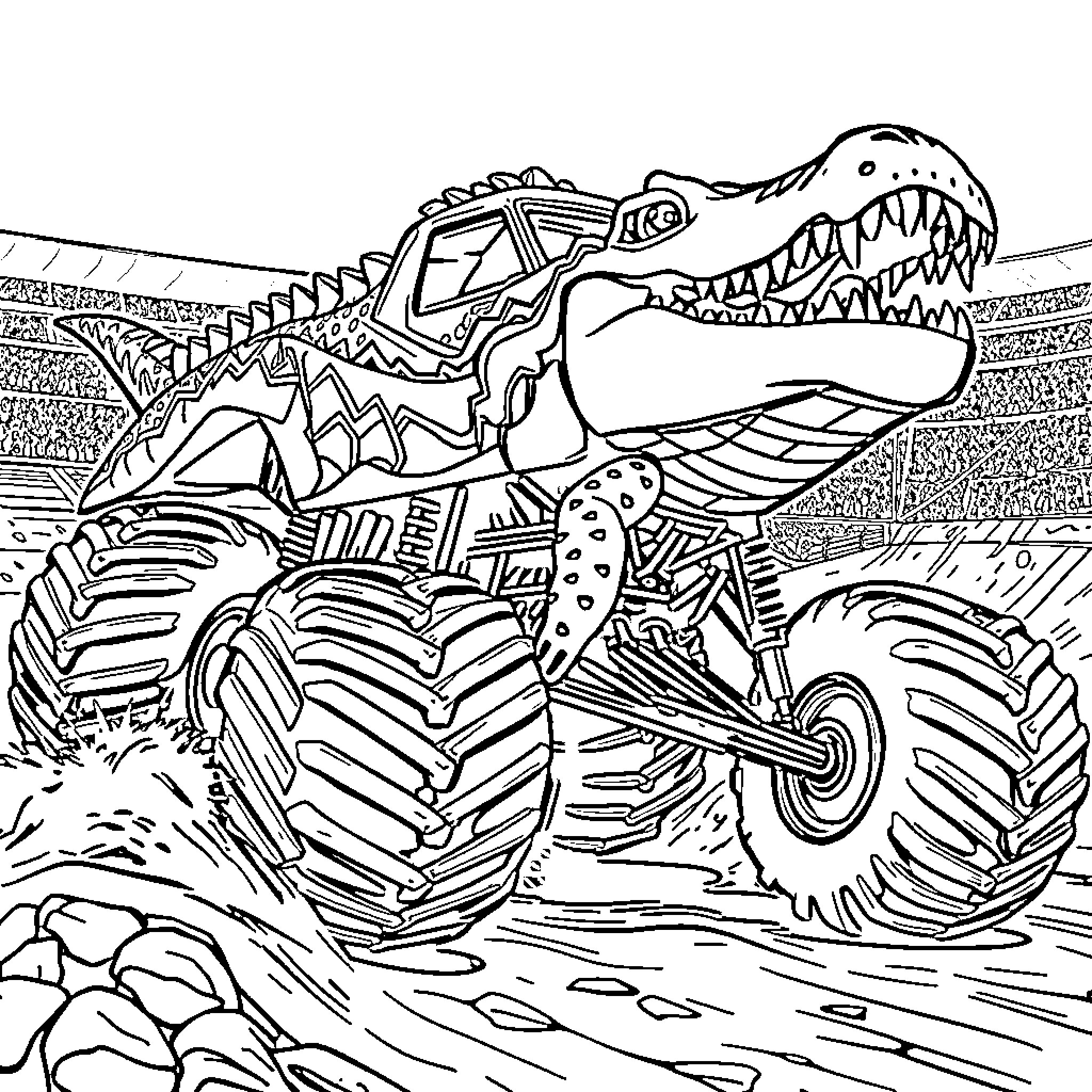 Monster Truck Dinosaur Crushes Rocks in Stadium Coloring Page (free black-and-white line drawing printable PDF for all, from beginners to advanced learners, including children, teens, adults, and seniors)