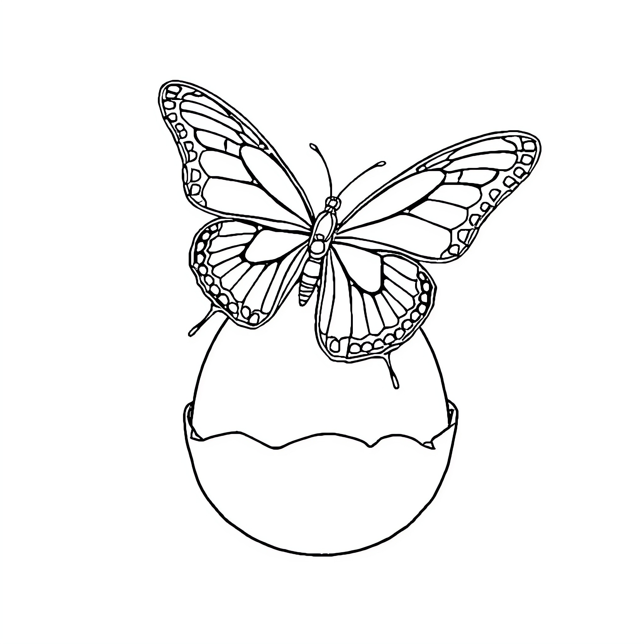Butterfly emerging from cracked egg Coloring Page (free black-and-white line drawing printable PDF for all, from beginners to advanced learners, including children, teens, adults, and seniors)