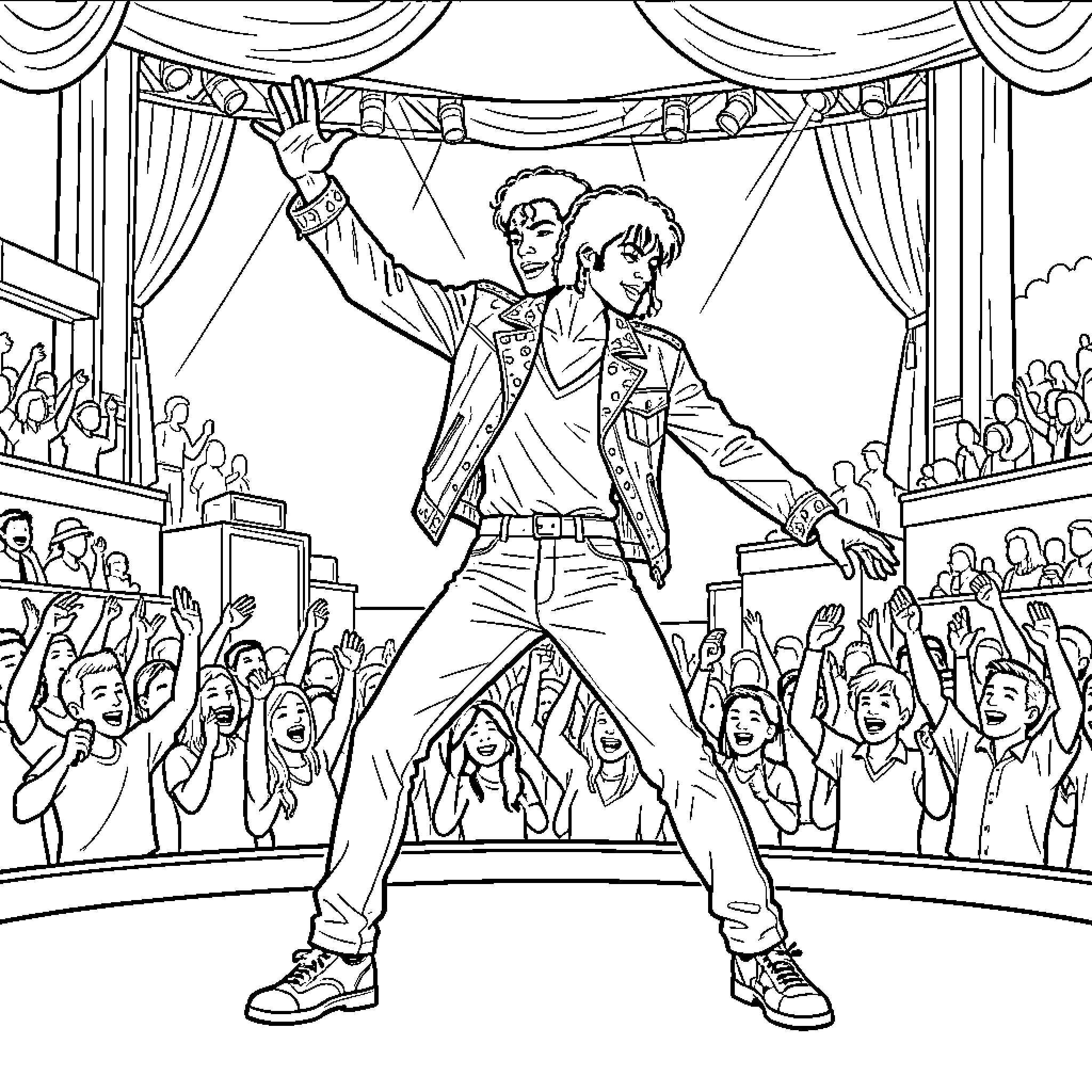Michael Jackson performing energetically on a concert stage Coloring Page (free black-and-white line drawing printable PDF for all, from beginners to advanced learners, including children, teens, adults, and seniors)