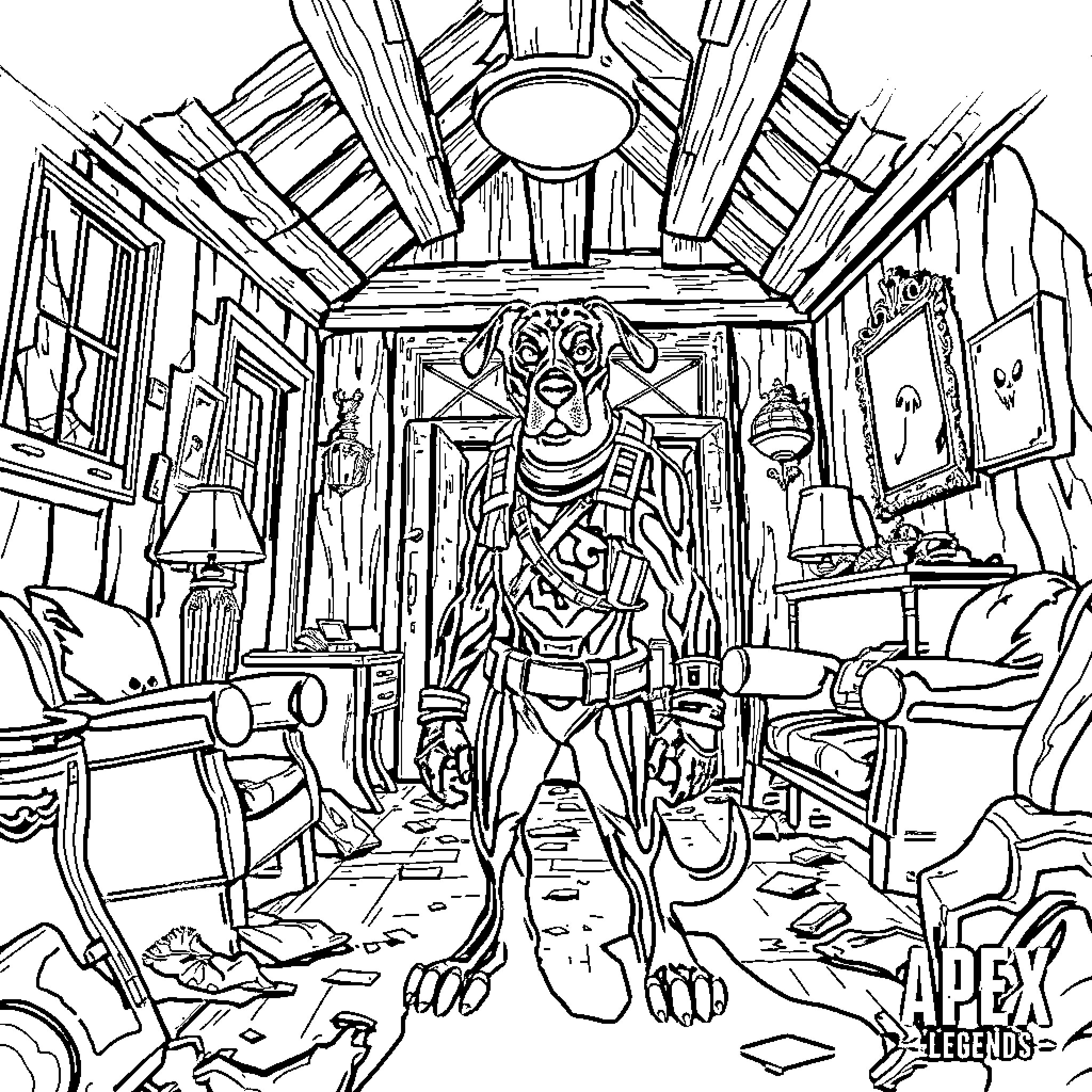 Bloodhound prowling through a cluttered and chaotic room Coloring Page (free black-and-white line drawing printable PDF for all, from beginners to advanced learners, including children, teens, adults, and seniors)