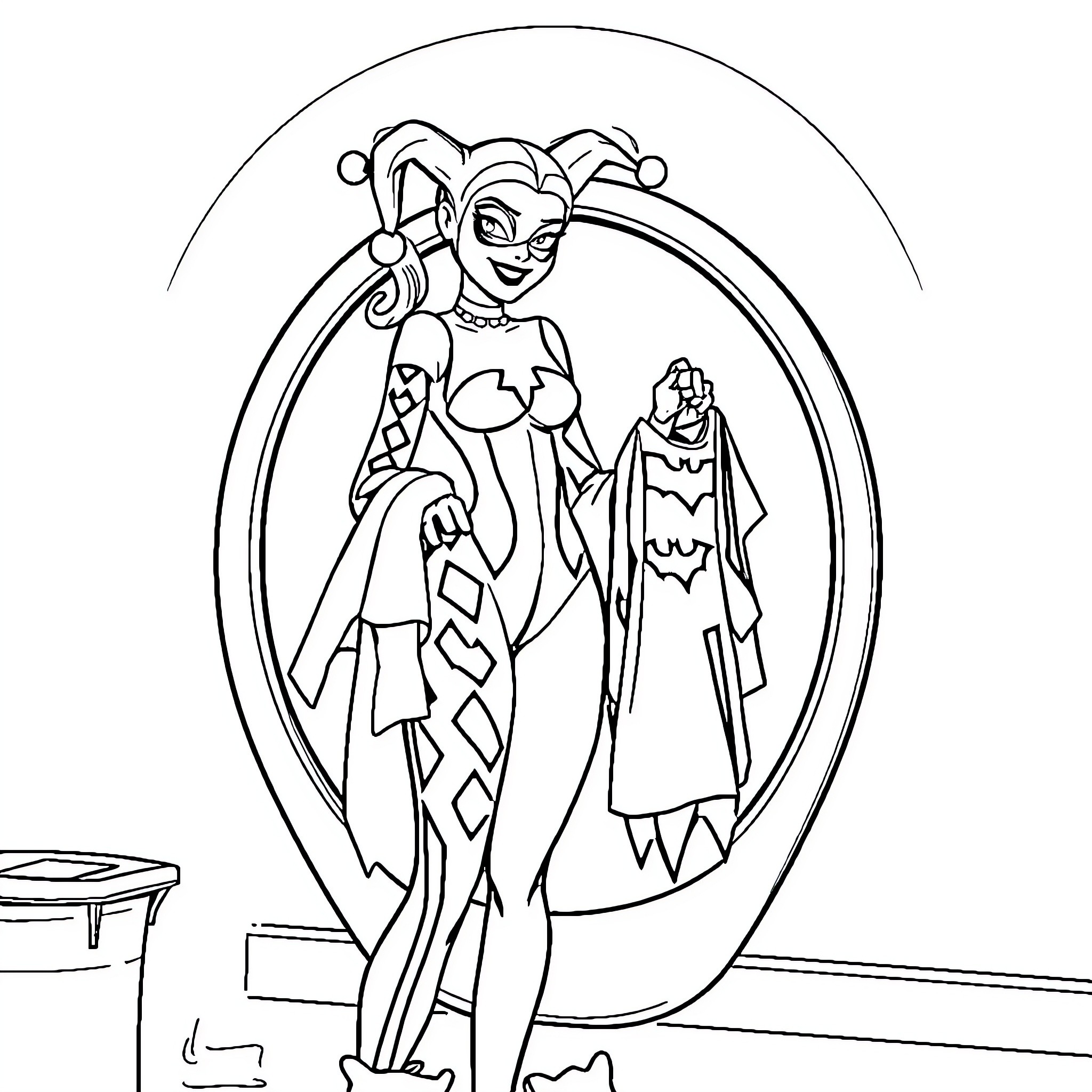 Harley Quinn in Playful Jester-Inspired Outfit Coloring Page (free black-and-white line drawing printable PDF for all, from beginners to advanced learners, including children, teens, adults, and seniors)