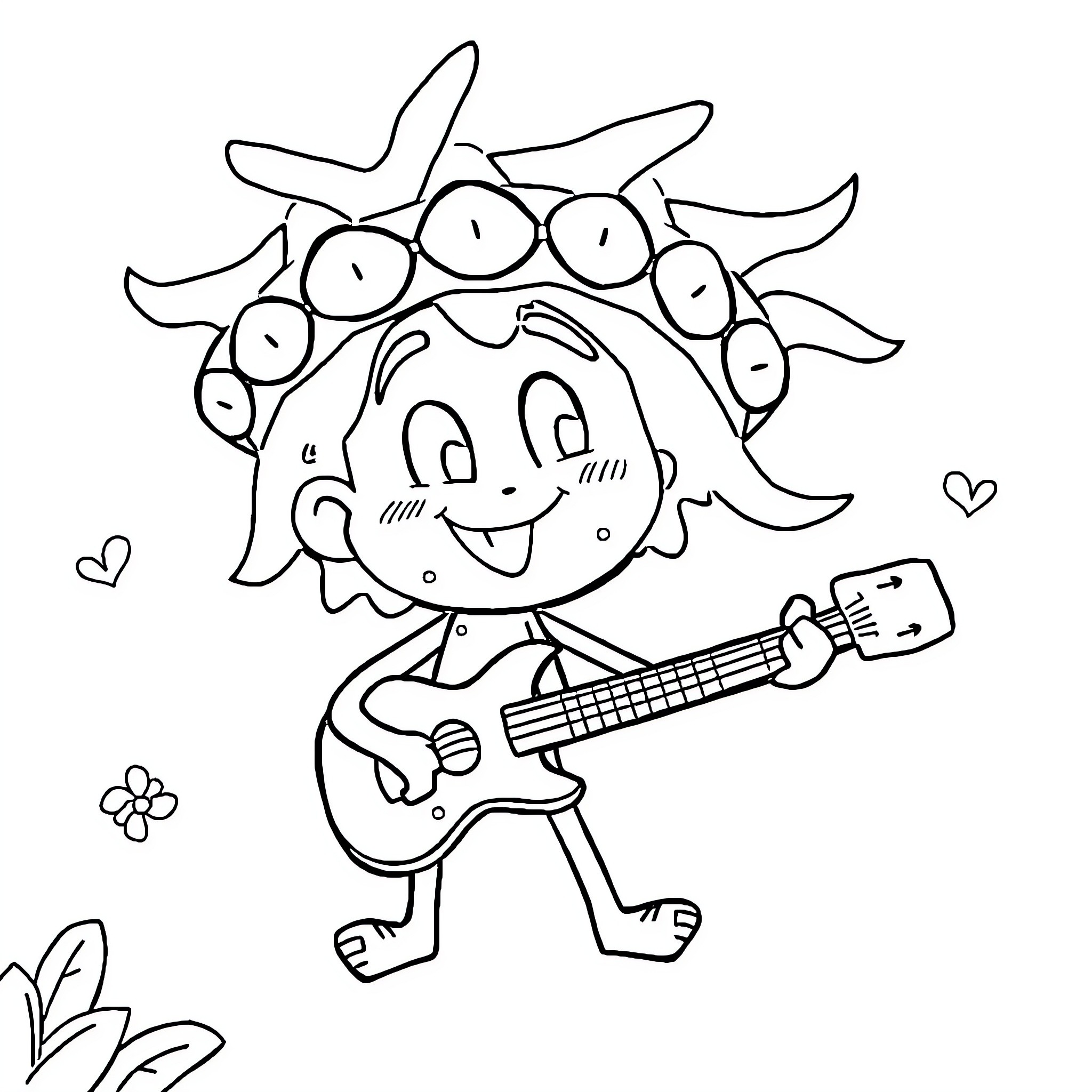 Trelalero playing guitar happily in nature Coloring Page (free black-and-white line drawing printable PDF for all, from beginners to advanced learners, including children, teens, adults, and seniors)