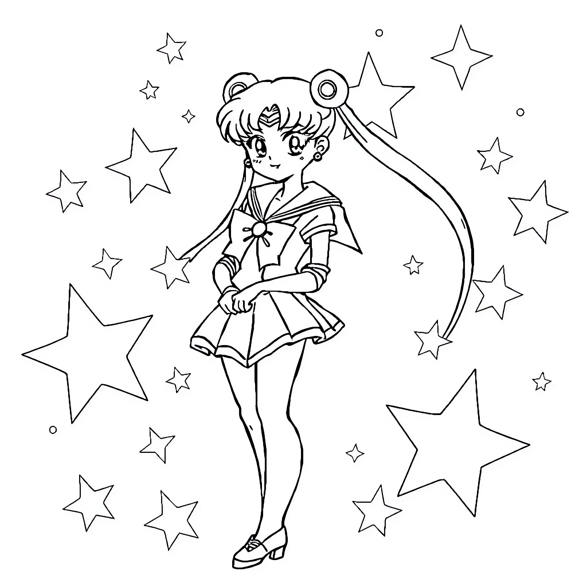 Sailor Moon surrounded by twinkling stars Coloring Page (free black-and-white line drawing printable PDF for all, from beginners to advanced learners, including children, teens, adults, and seniors)