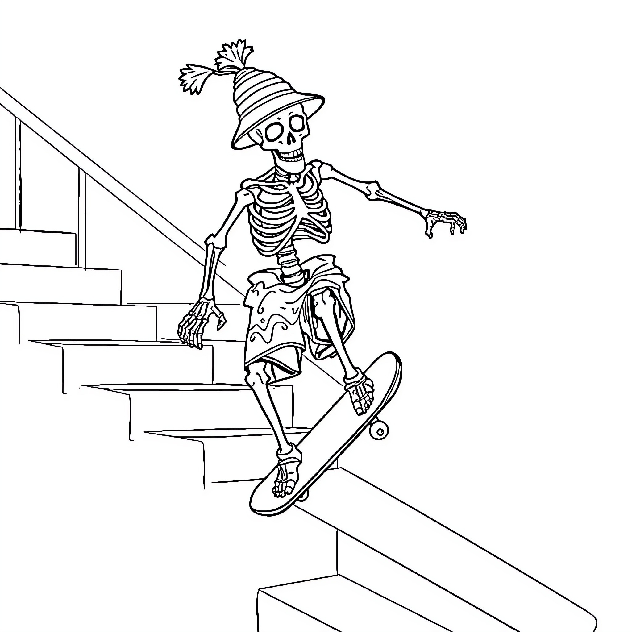 Skeleton skateboarding down the stairs Coloring Page (free black-and-white line drawing printable PDF for all, from beginners to advanced learners, including children, teens, adults, and seniors)