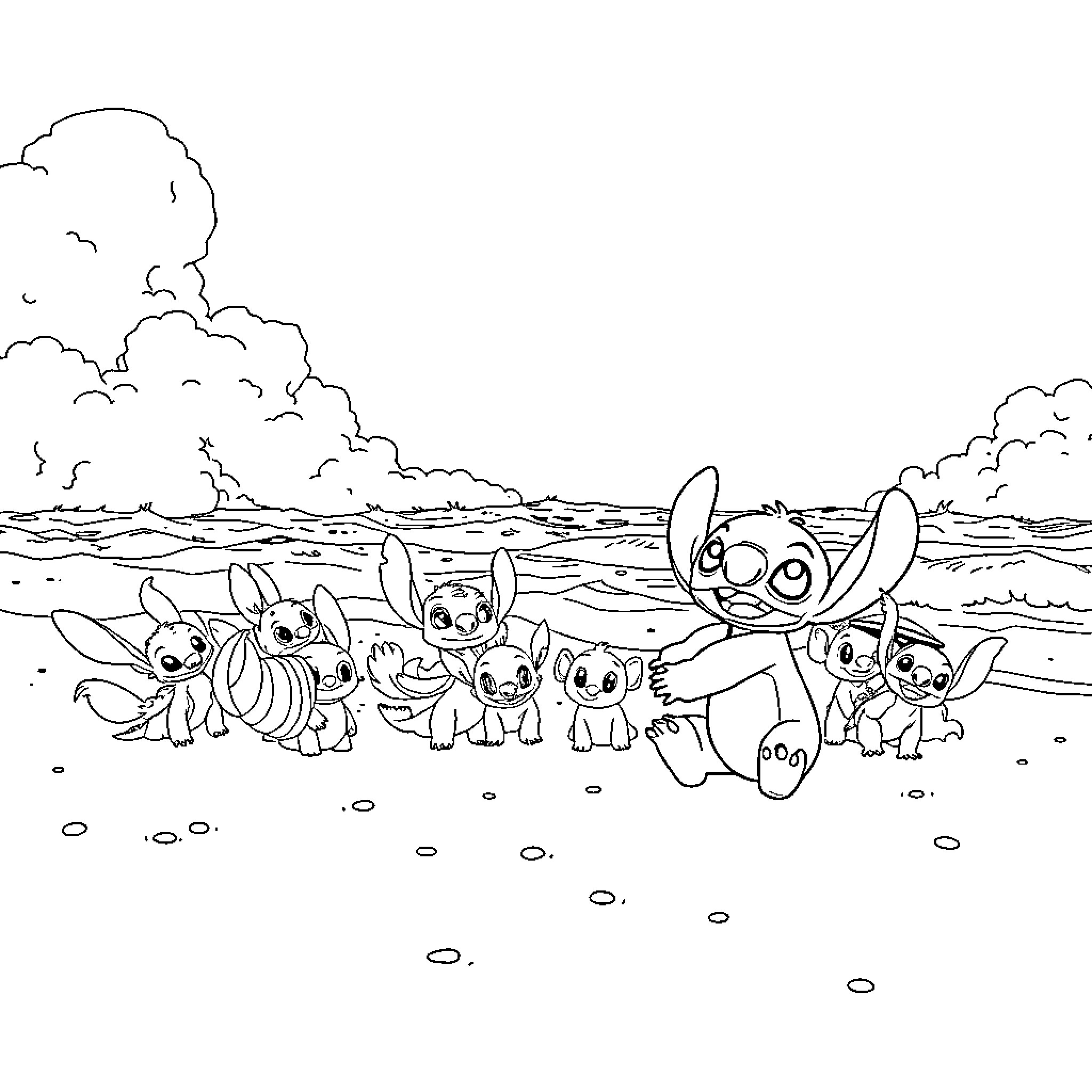 Lilo and her alien friends on the beach Coloring Page (free black-and-white line drawing printable PDF for all, from beginners to advanced learners, including children, teens, adults, and seniors)