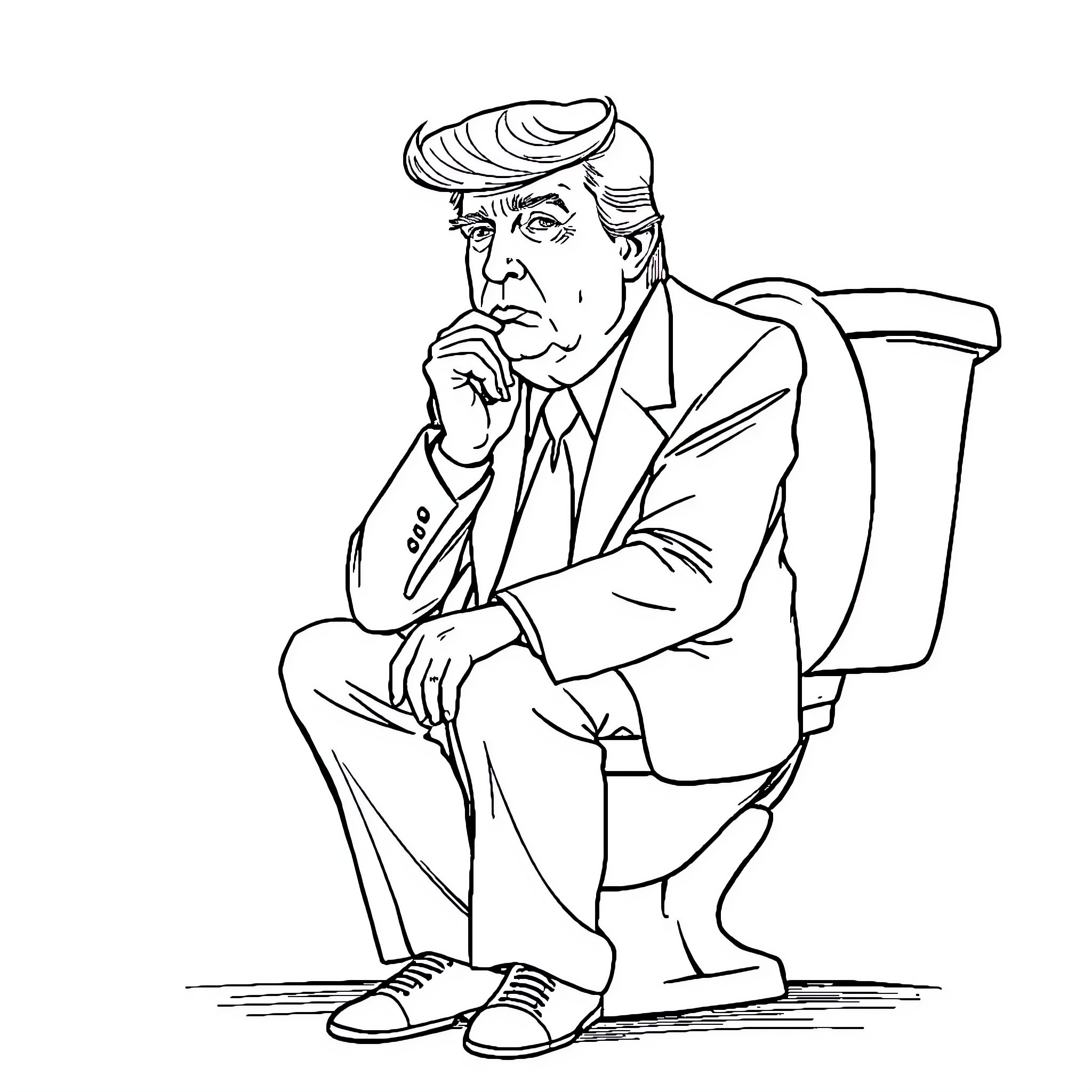 Donald Trump in pensive contemplation Coloring Page (free black-and-white line drawing printable PDF for all, from beginners to advanced learners, including children, teens, adults, and seniors)