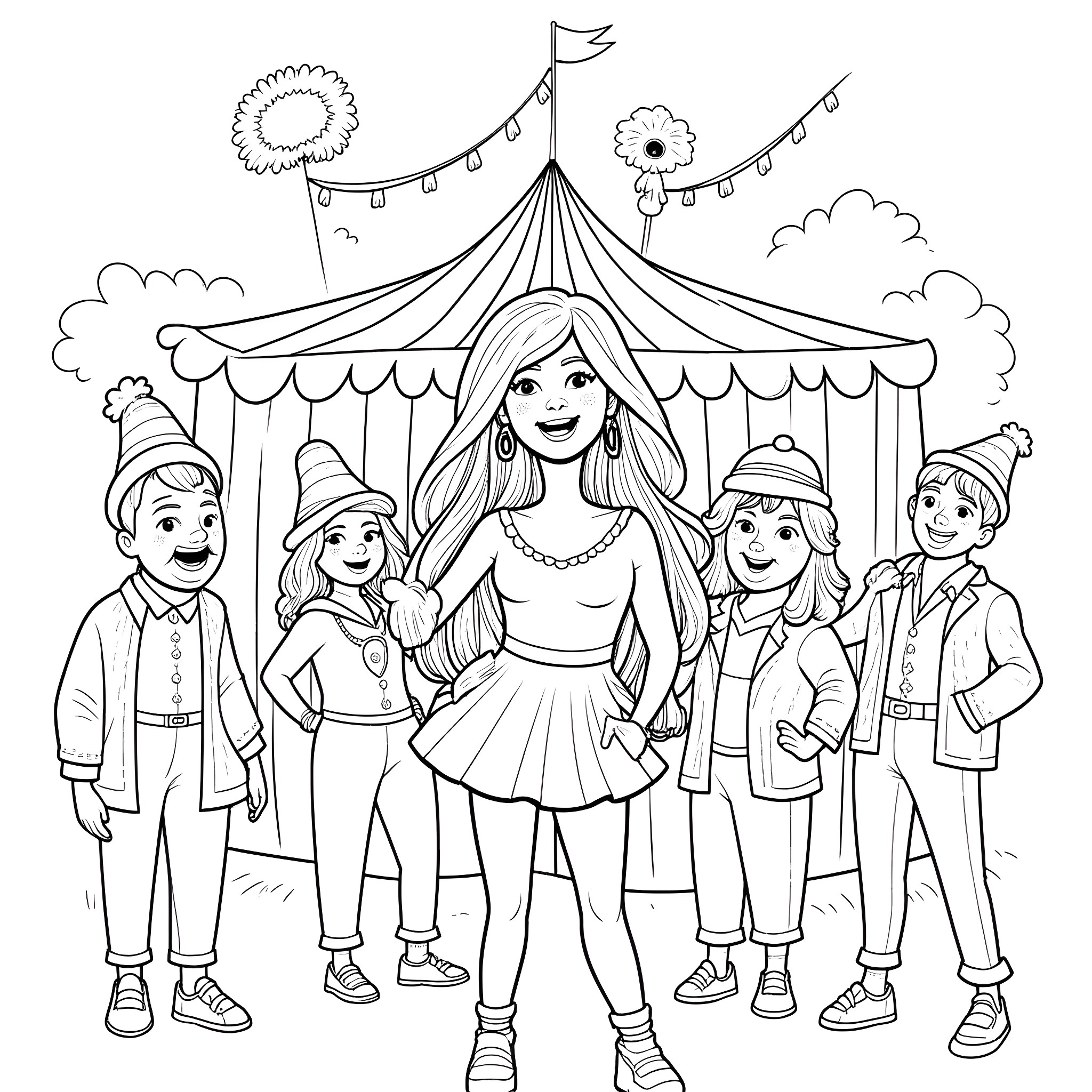 Yanet Garcia at the carnival with friends Coloring Page (free black-and-white line drawing printable PDF for all, from beginners to advanced learners, including children, teens, adults, and seniors)