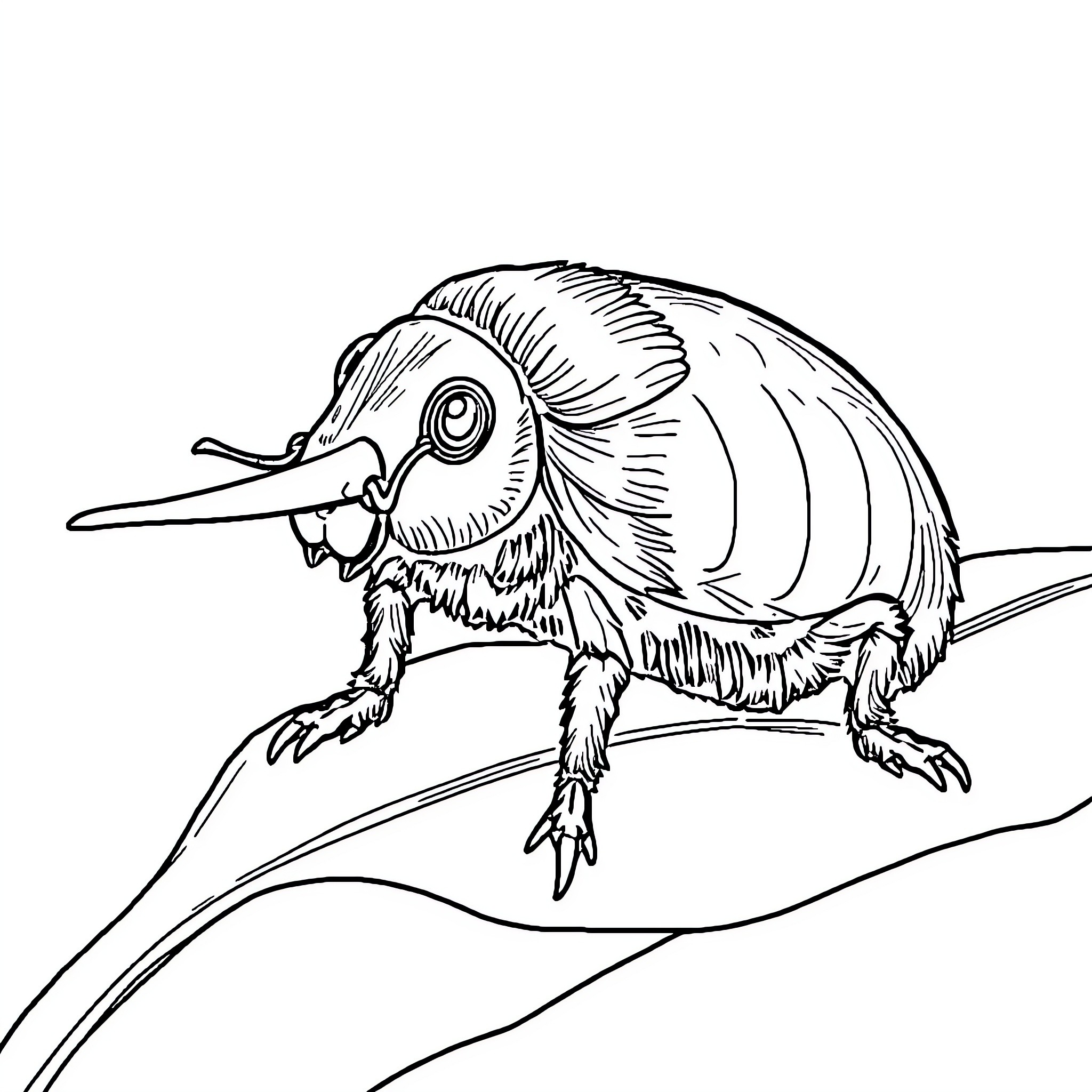 Rüsselkäfer exploring the terrain Coloring Page (free black-and-white line drawing printable PDF for all, from beginners to advanced learners, including children, teens, adults, and seniors)