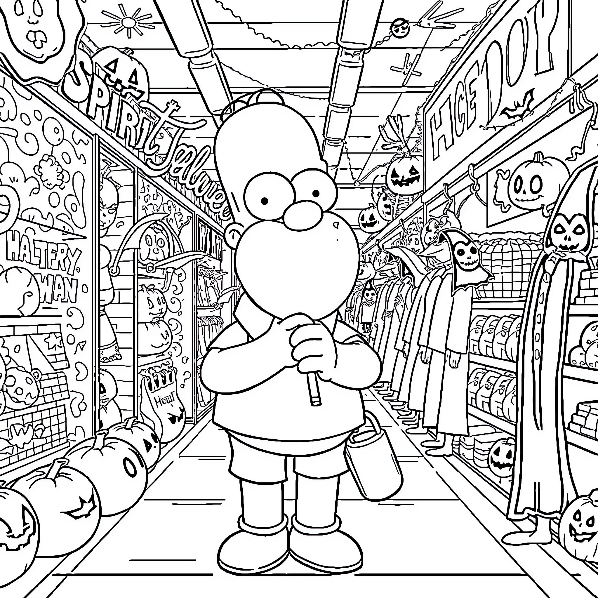 Homer Simpson's Spooky Halloween Shopping Spree Coloring Page (free black-and-white line drawing printable PDF for all, from beginners to advanced learners, including children, teens, adults, and seniors)