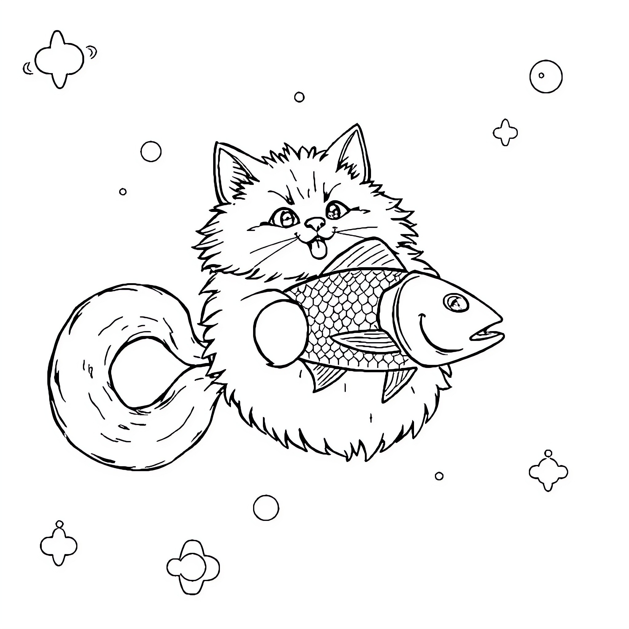 Cat capturing fish in underwater scene Coloring Page (free black-and-white line drawing printable PDF for all, from beginners to advanced learners, including children, teens, adults, and seniors)