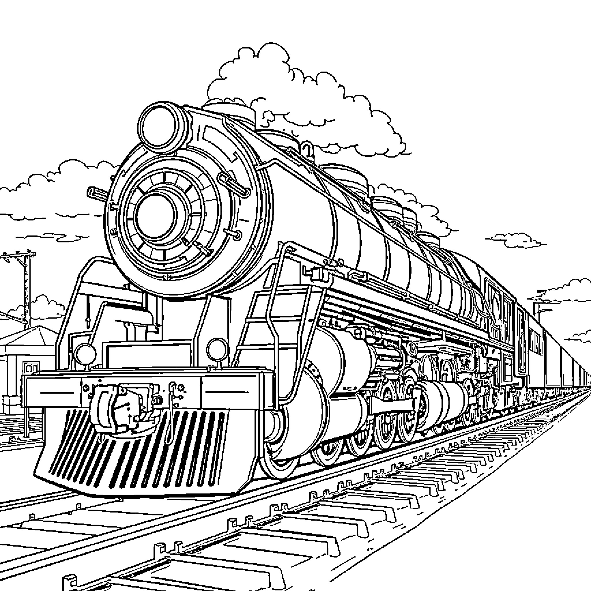 Big Boy Steam Locomotive Speeding Down the Tracks Coloring Page (free black-and-white line drawing printable PDF for all, from beginners to advanced learners, including children, teens, adults, and seniors)