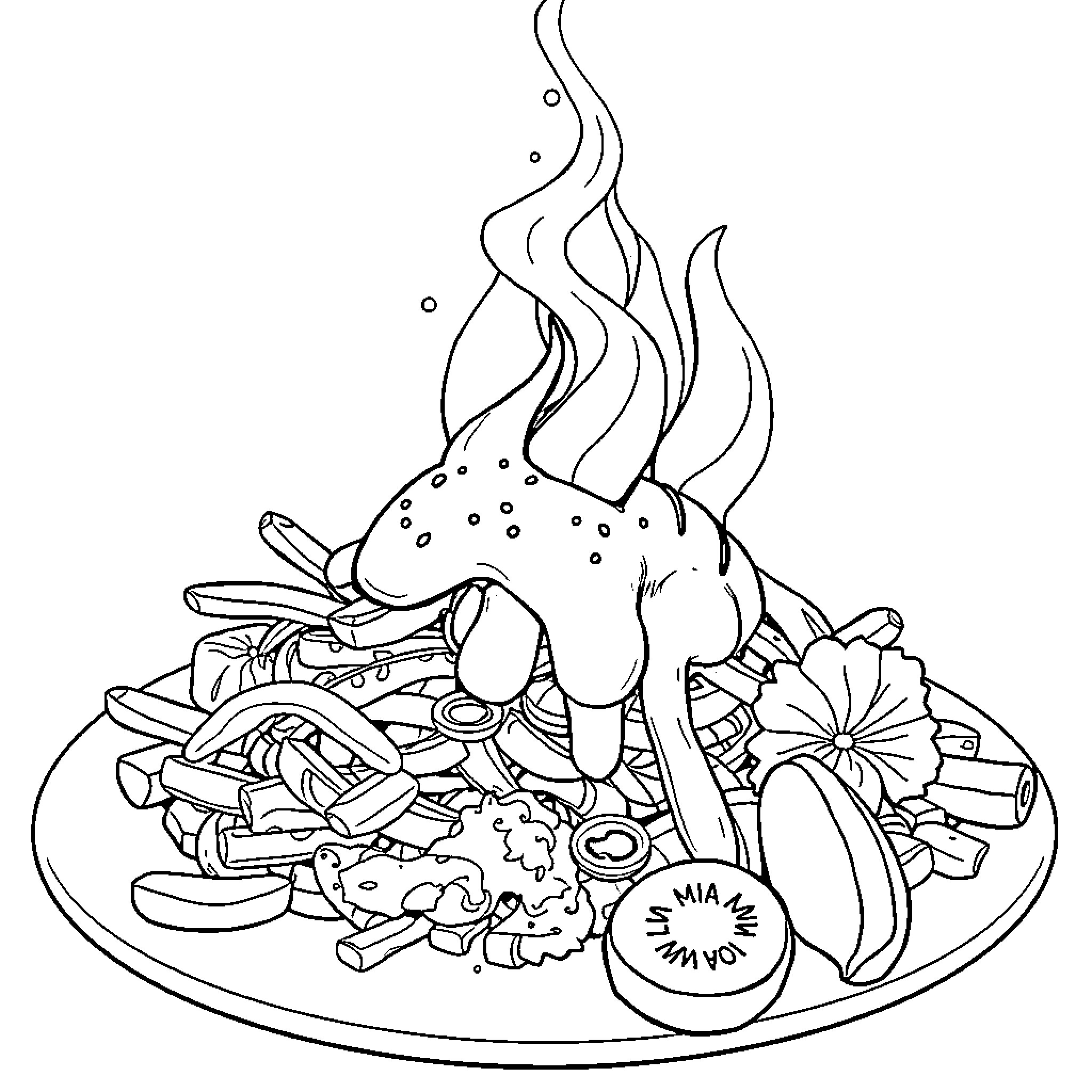 Food platter with various dishes and ingredients Coloring Page (free black-and-white line drawing printable PDF for all, from beginners to advanced learners, including children, teens, adults, and seniors)