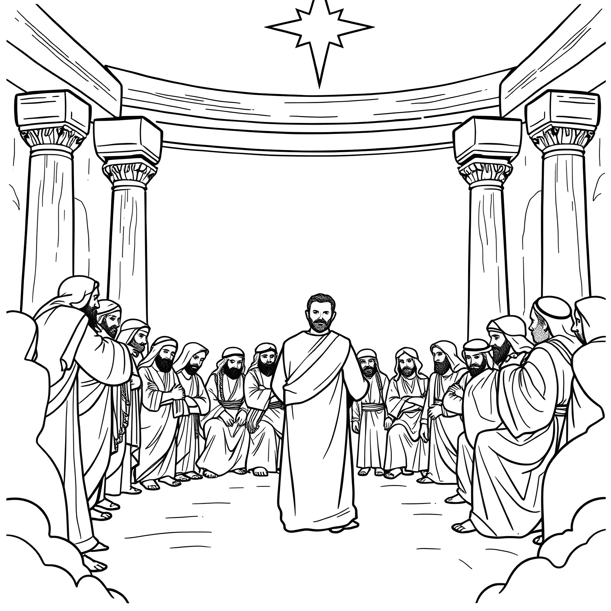 Stephen among the disciples under a starry arch Coloring Page (free black-and-white line drawing printable PDF for all, from beginners to advanced learners, including children, teens, adults, and seniors)