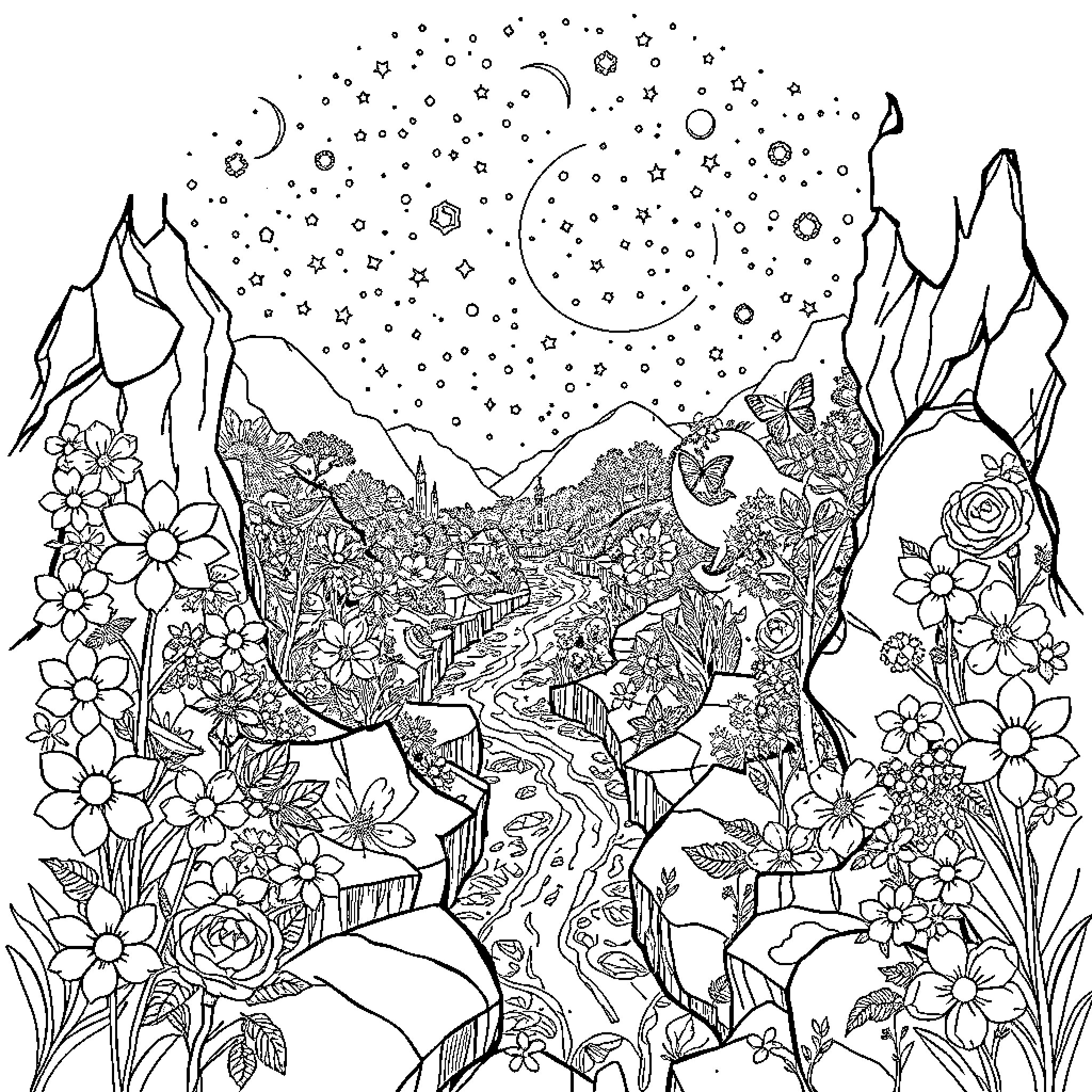 World of Enchanting Mountain Landscape and Flowers Coloring Page (free black-and-white line drawing printable PDF for all, from beginners to advanced learners, including children, teens, adults, and seniors)