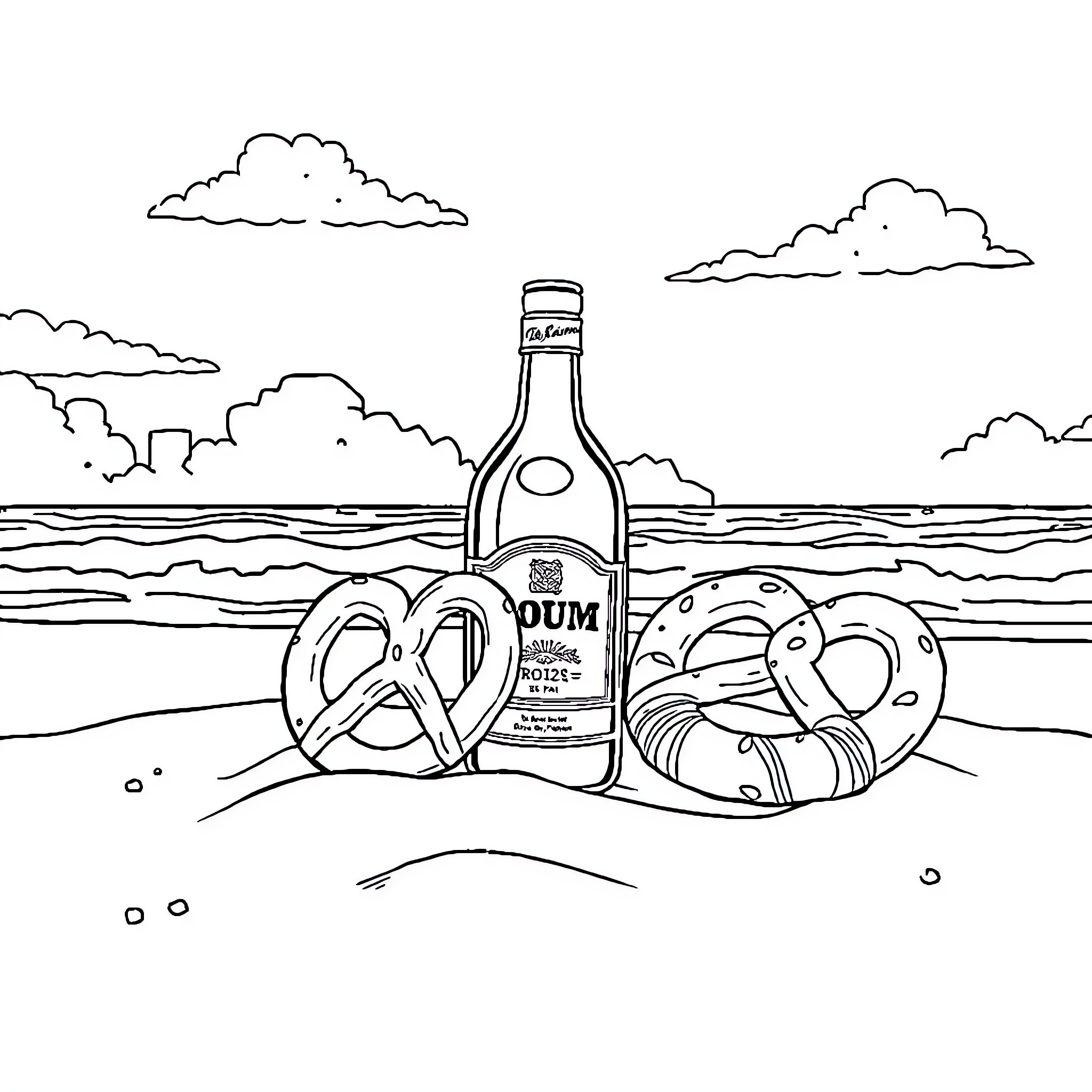 Bouteille and Snacks on the Beach Coloring Page (free black-and-white line drawing printable PDF for all, from beginners to advanced learners, including children, teens, adults, and seniors)