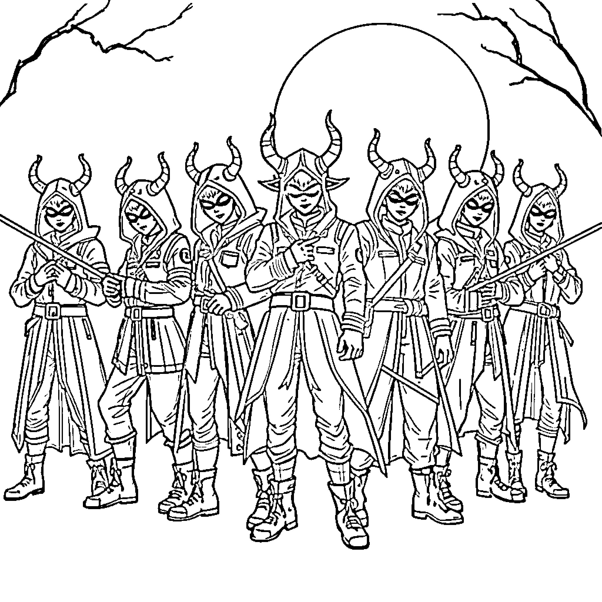 Demon Hunters on a Perilous Mission Coloring Page (free black-and-white line drawing printable PDF for all, from beginners to advanced learners, including children, teens, adults, and seniors)