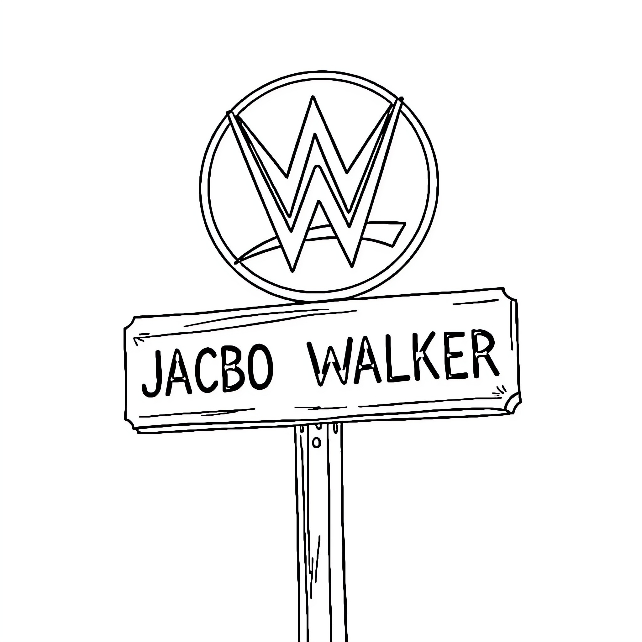 Wrestler's name and emblem on signpost Coloring Page (free black-and-white line drawing printable PDF for all, from beginners to advanced learners, including children, teens, adults, and seniors)