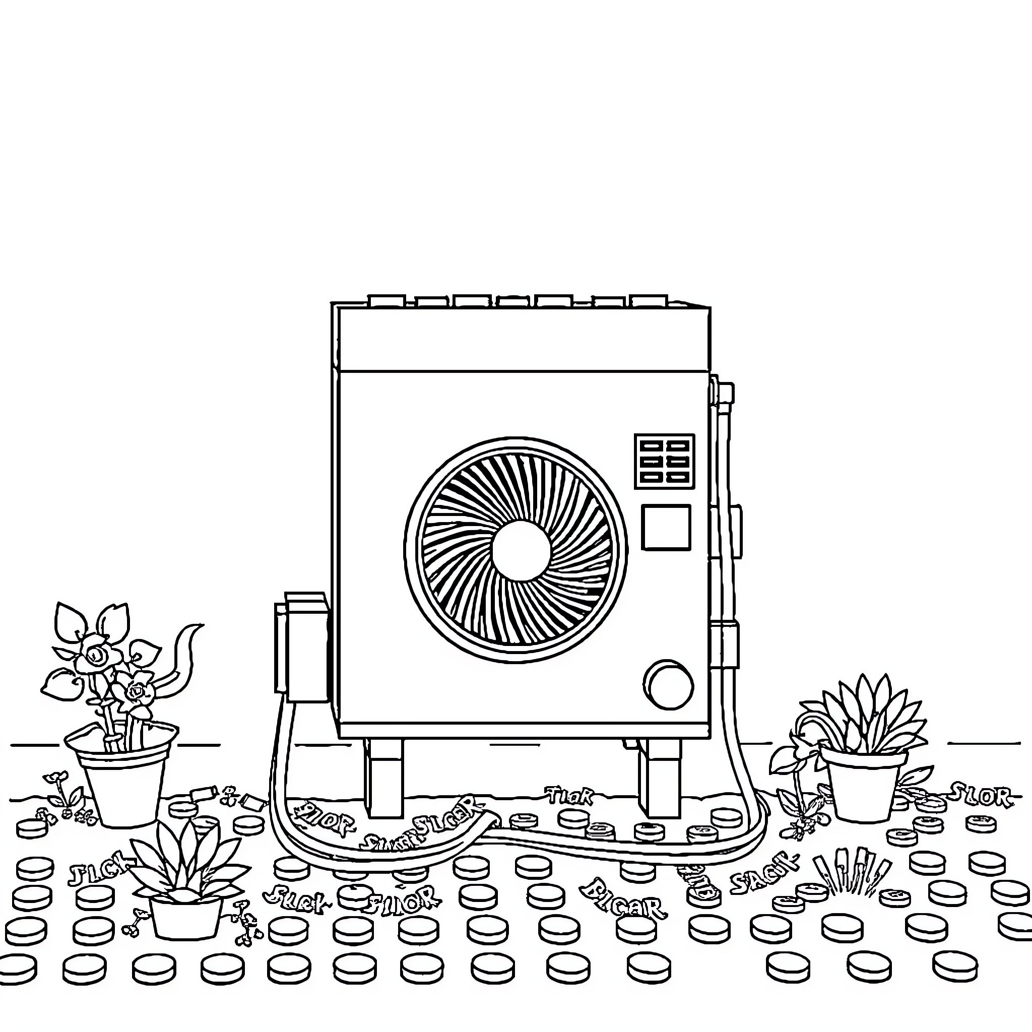 Air Conditioning Unit in Floral Setting Coloring Page (free black-and-white line drawing printable PDF for all, from beginners to advanced learners, including children, teens, adults, and seniors)