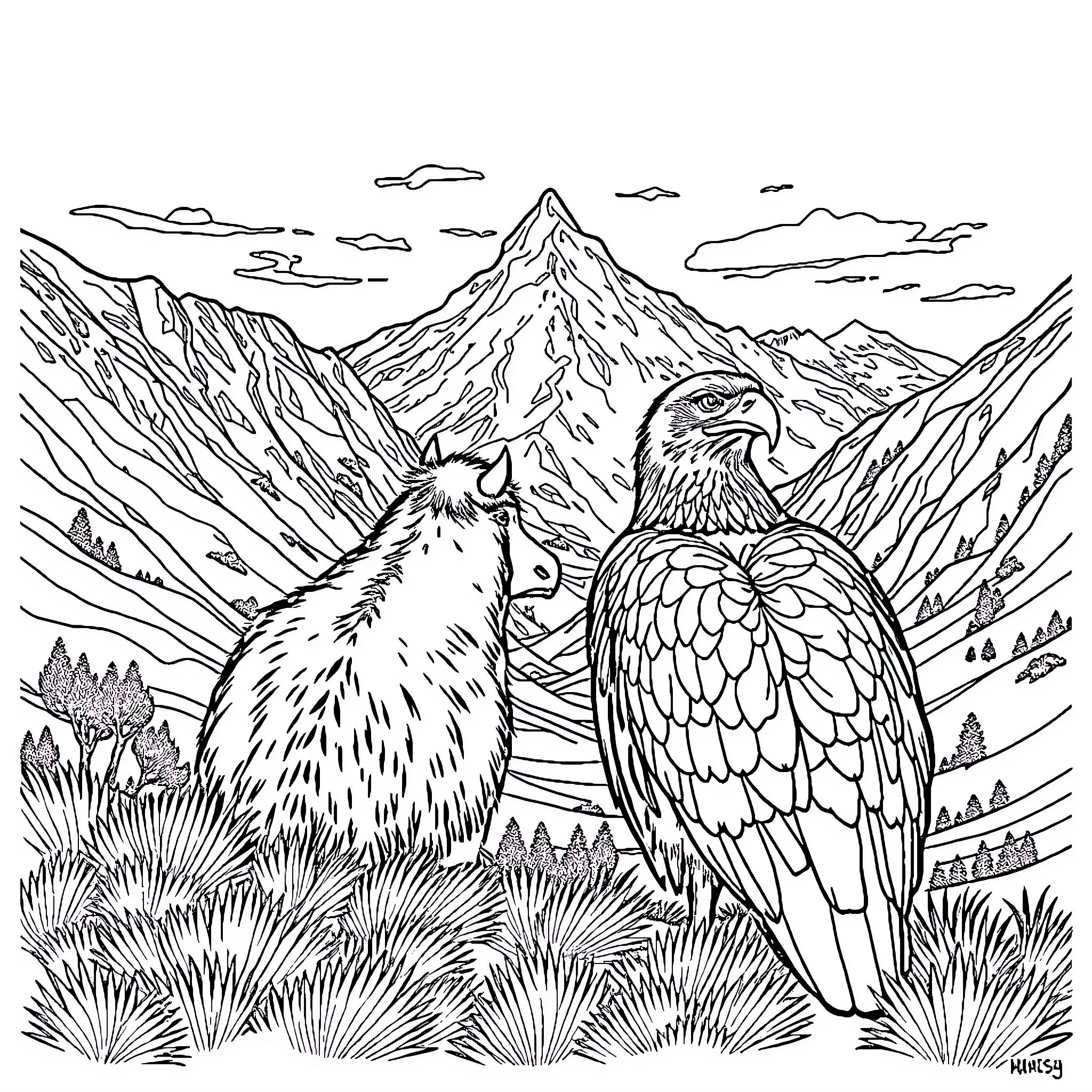 Sheep and Eagle in Majestic Mountain Landscape Coloring Page (free black-and-white line drawing printable PDF for all, from beginners to advanced learners, including children, teens, adults, and seniors)