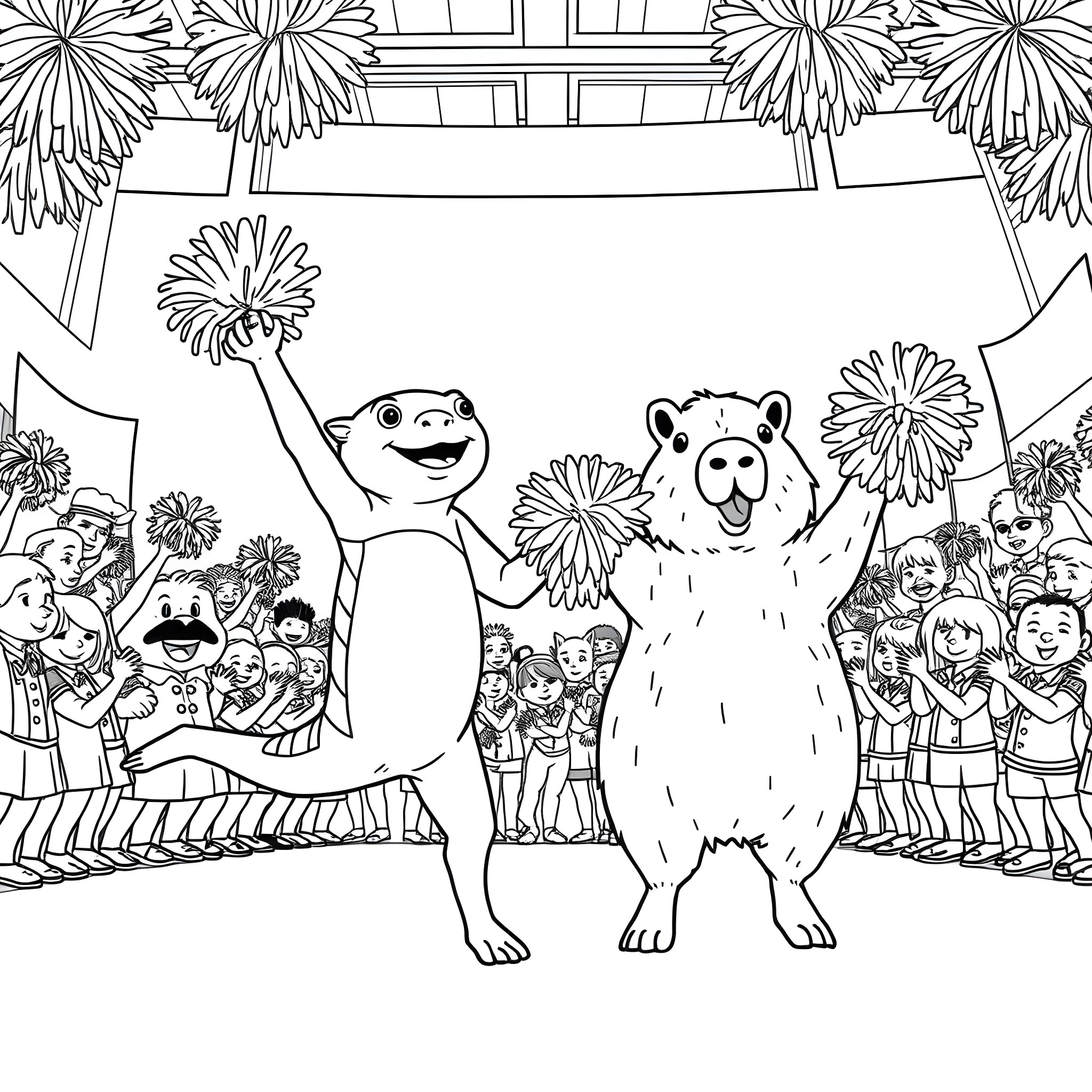 Axolotl and bear performing in front of audience Coloring Page (free black-and-white line drawing printable PDF for all, from beginners to advanced learners, including children, teens, adults, and seniors)