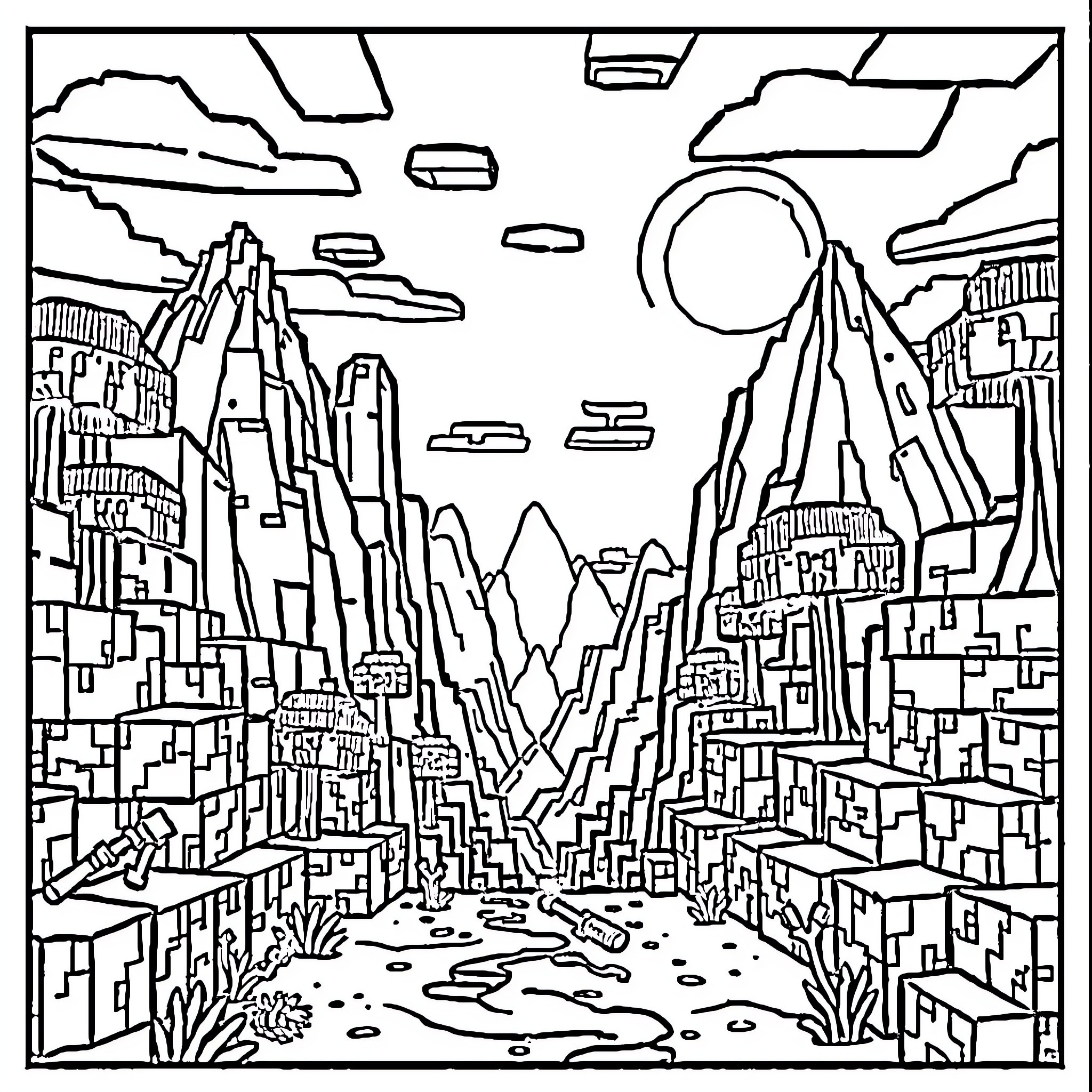 Minecraft Landscape with Mountainous Terrain and Buildings Coloring Page (free black-and-white line drawing printable PDF for all, from beginners to advanced learners, including children, teens, adults, and seniors)