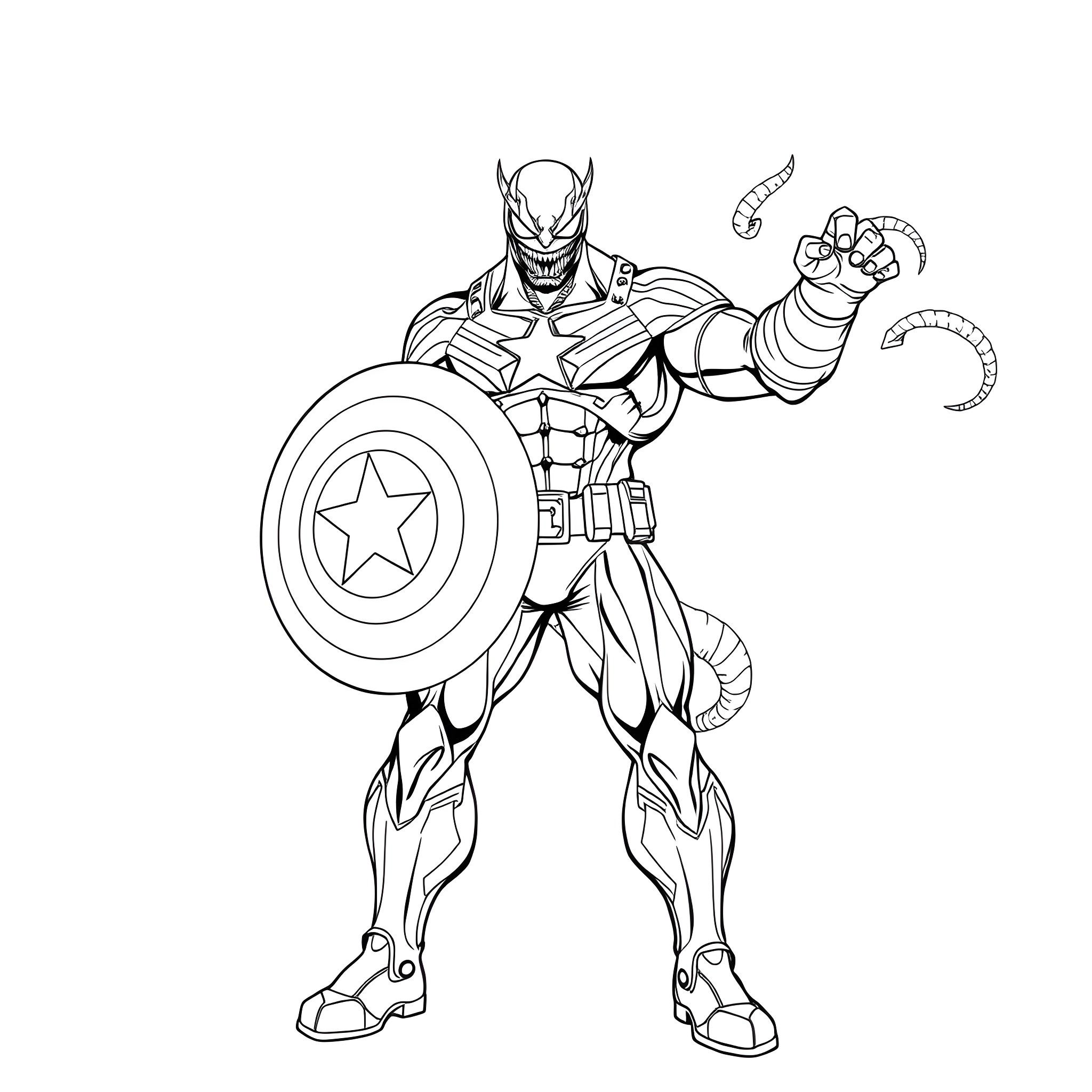 Captain Venom in Action Pose with Shield Coloring Page (free black-and-white line drawing printable PDF for all, from beginners to advanced learners, including children, teens, adults, and seniors)