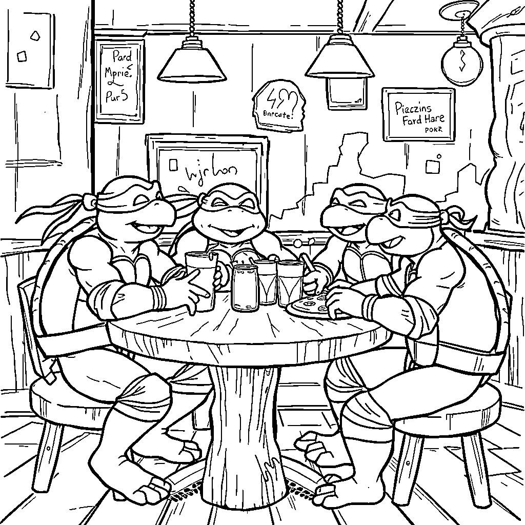 Teenage Mutant Ninja Turtles enjoying a meal together Coloring Page (free black-and-white line drawing printable PDF for all, from beginners to advanced learners, including children, teens, adults, and seniors)