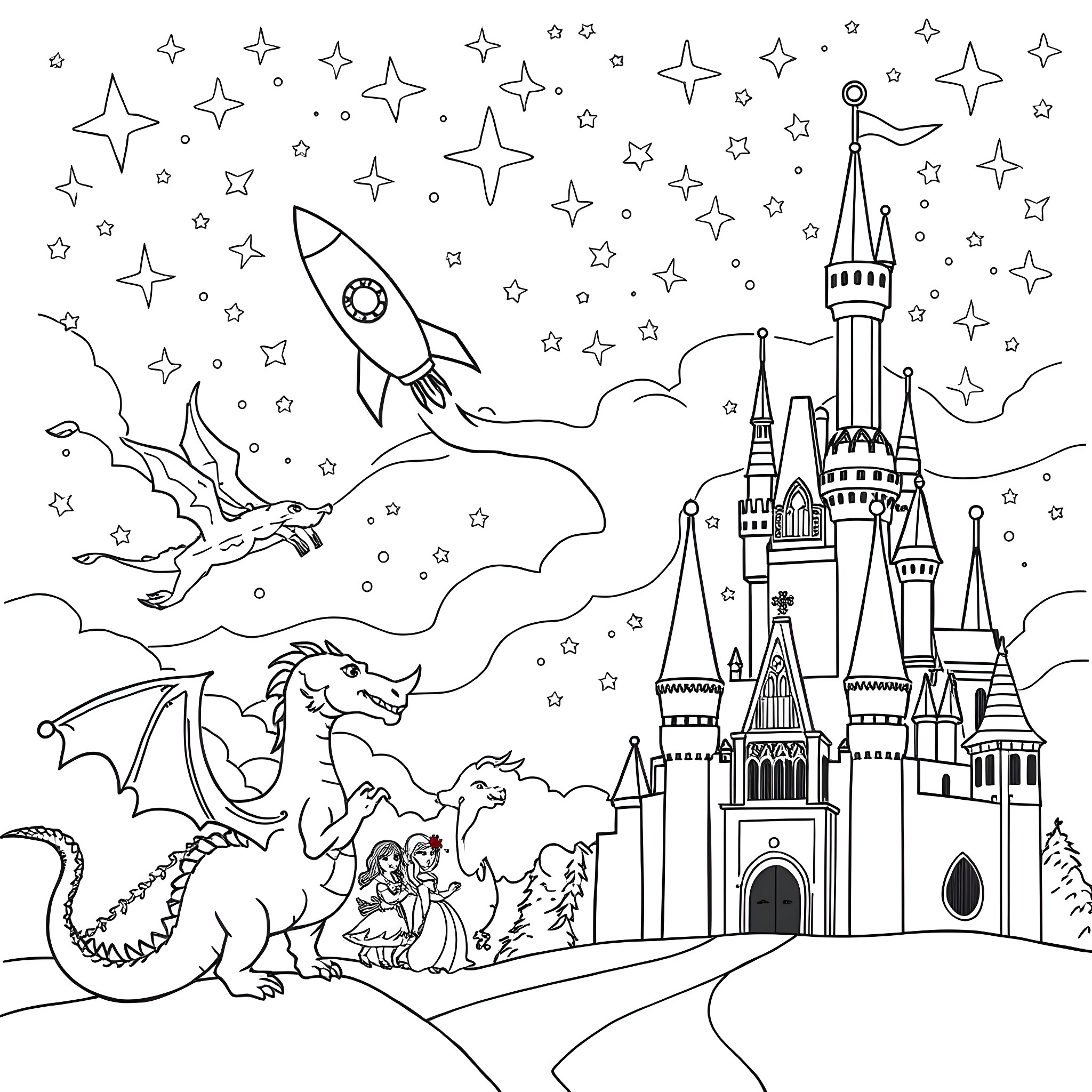 Rocket Launch Amidst Magical Castle and Fantasy Creatures Coloring Page (free black-and-white line drawing printable PDF for all, from beginners to advanced learners, including children, teens, adults, and seniors)
