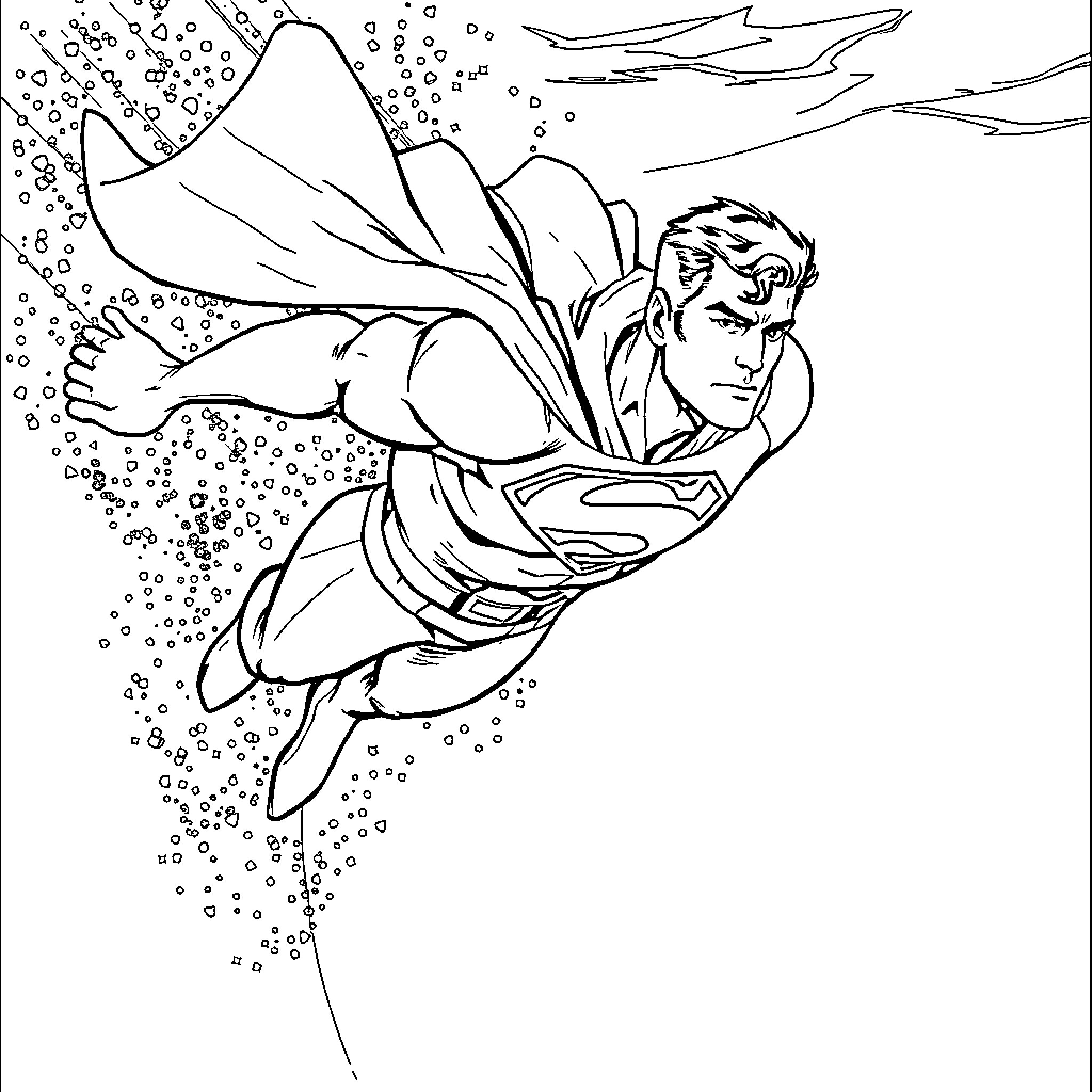 Superman soaring through the snowy skies Coloring Page (free black-and-white line drawing printable PDF for all, from beginners to advanced learners, including children, teens, adults, and seniors)