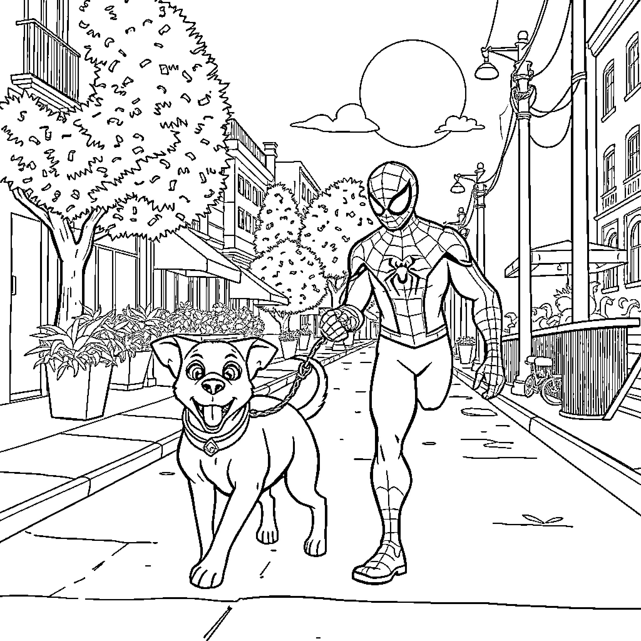 Spiderman walks with a joyful companion in the city Coloring Page (free black-and-white line drawing printable PDF for all, from beginners to advanced learners, including children, teens, adults, and seniors)