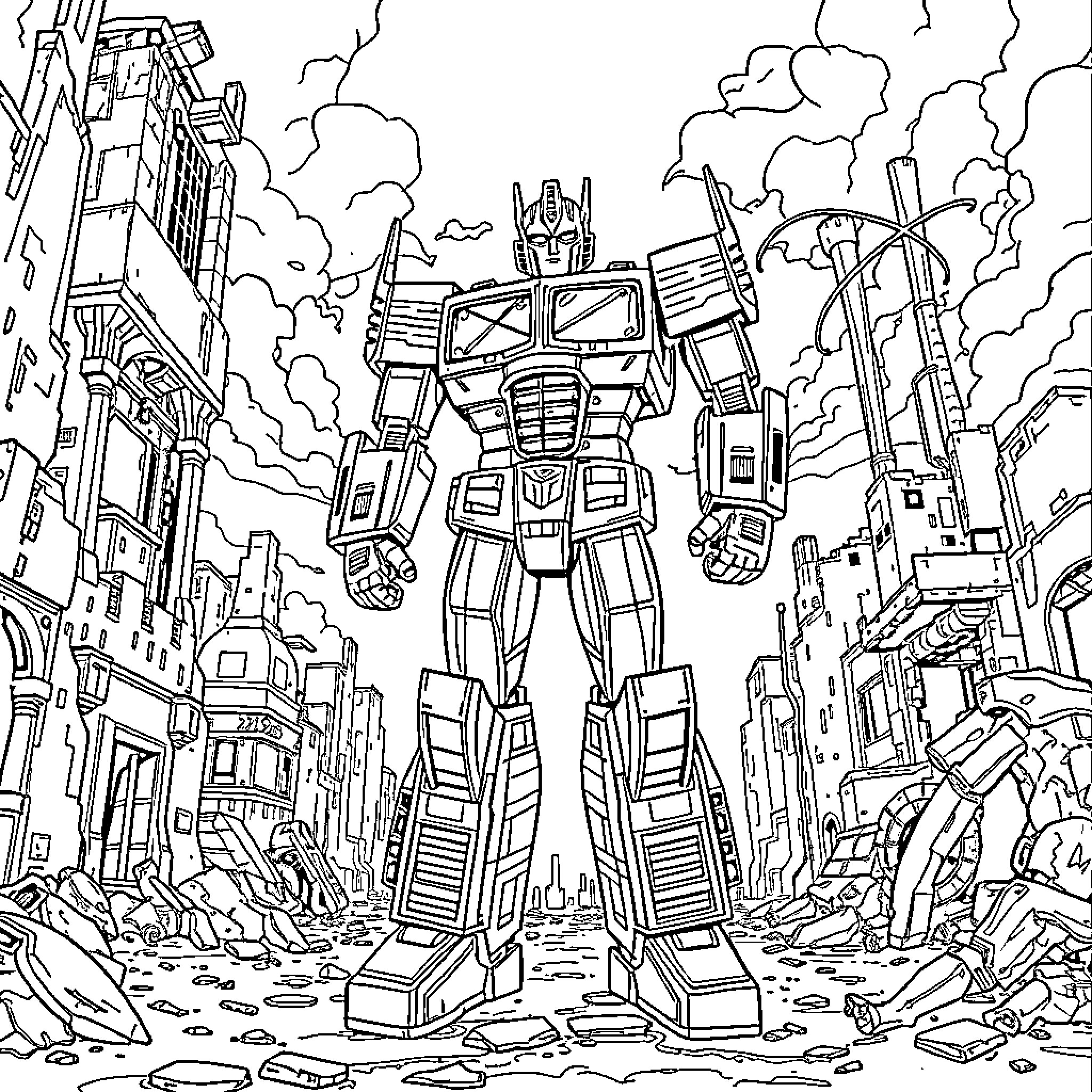 Optimus Prime stands tall amid a destroyed city Coloring Page (free black-and-white line drawing printable PDF for all, from beginners to advanced learners, including children, teens, adults, and seniors)
