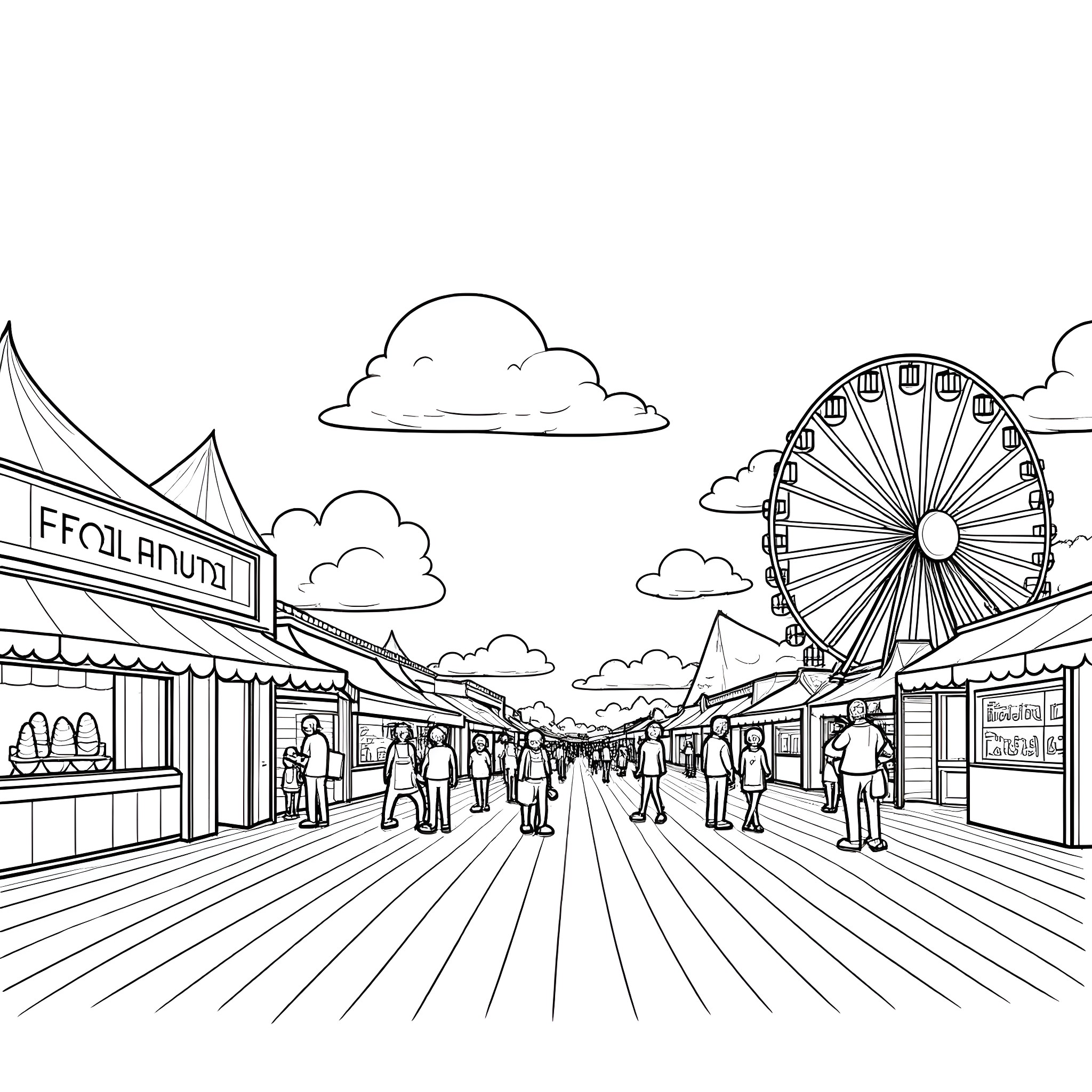Food stalls and carnival ride at the amusement park Coloring Page (free black-and-white line drawing printable PDF for all, from beginners to advanced learners, including children, teens, adults, and seniors)