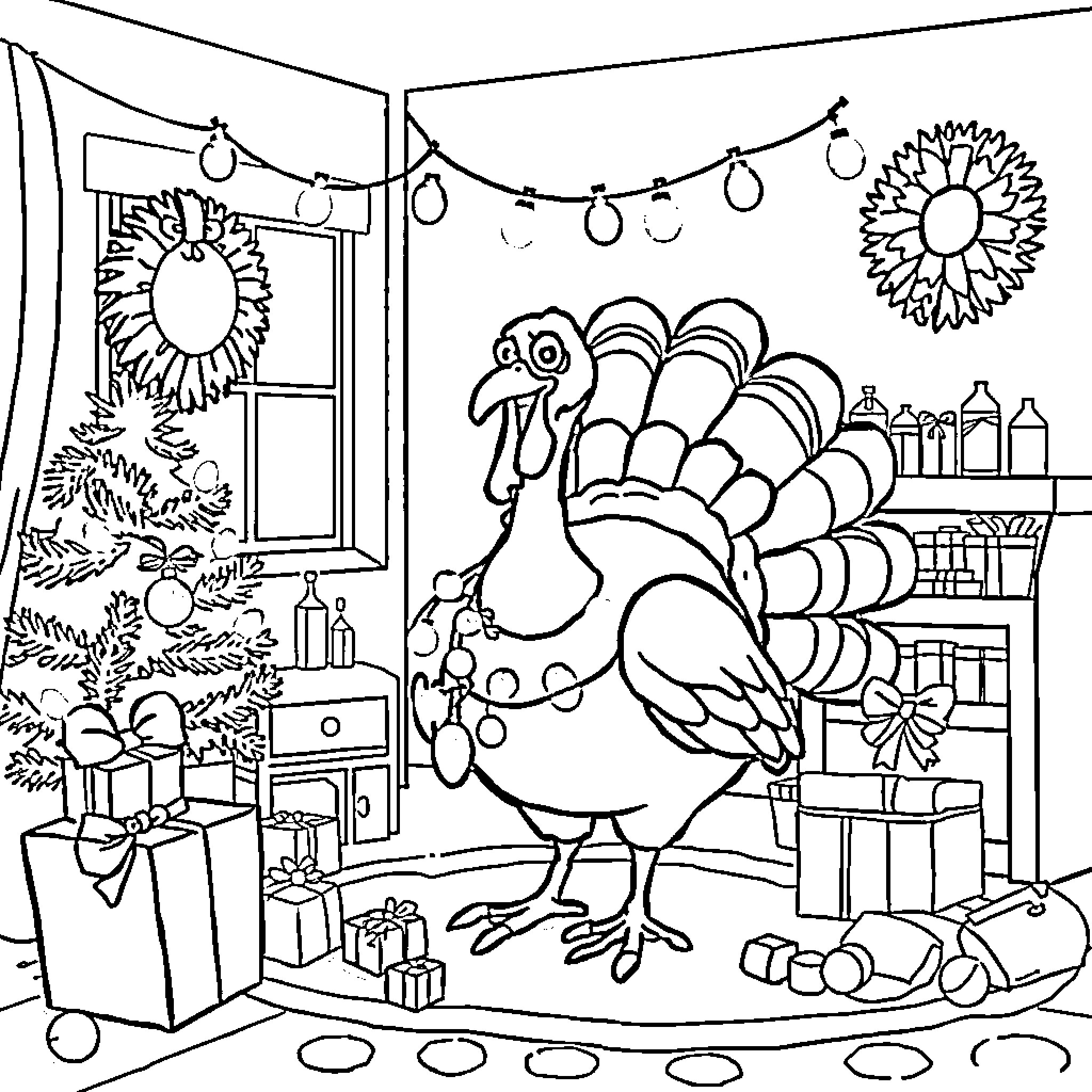 Turkey preparing for festive celebration in cozy home Coloring Page (free black-and-white line drawing printable PDF for all, from beginners to advanced learners, including children, teens, adults, and seniors)