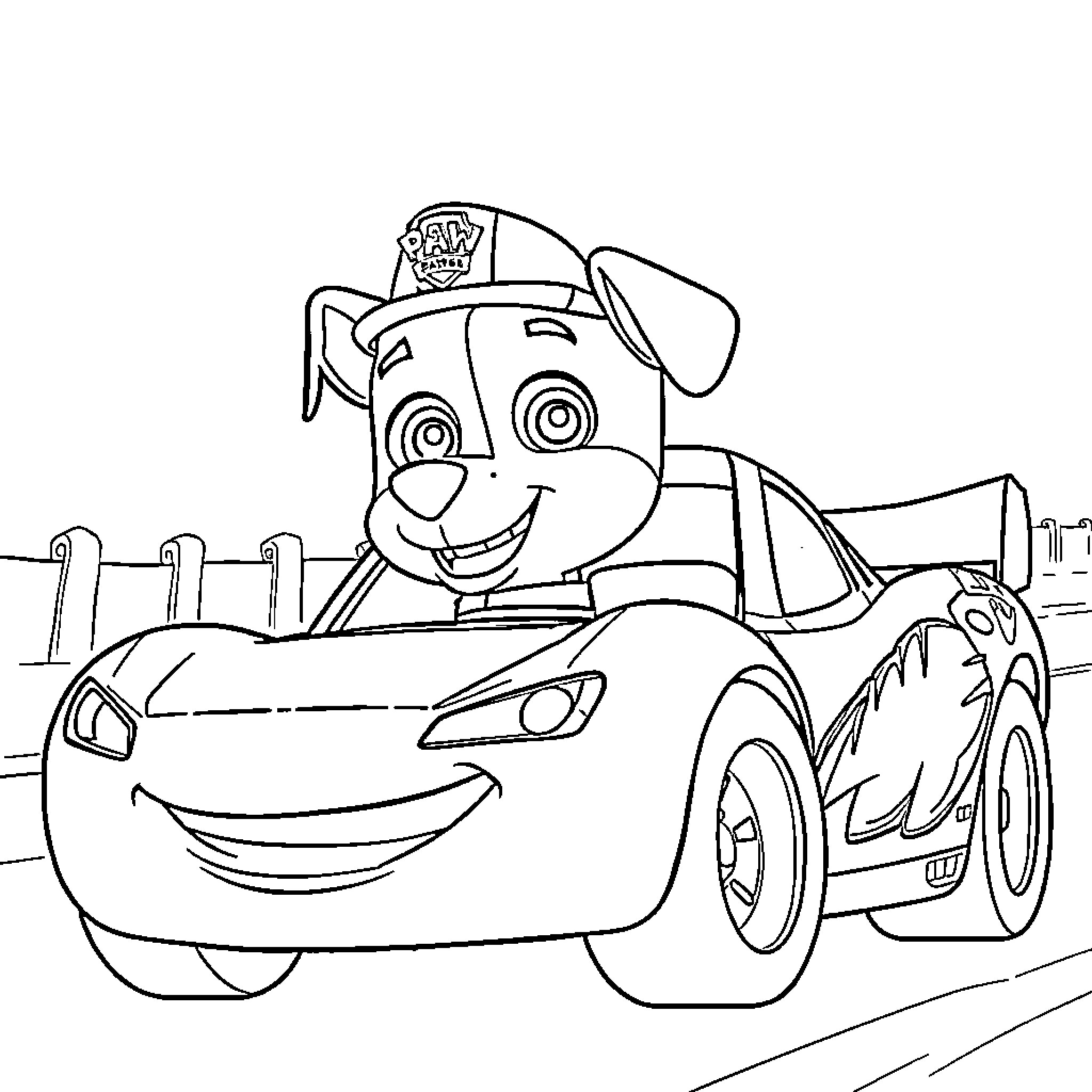 Rubble driving a toy race car happily Coloring Page (free black-and-white line drawing printable PDF for all, from beginners to advanced learners, including children, teens, adults, and seniors)