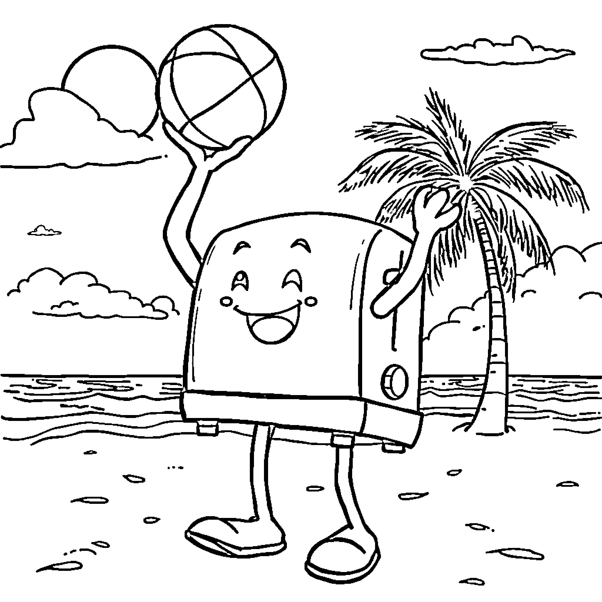 Toaster enjoying beach day with beach ball Coloring Page (free black-and-white line drawing printable PDF for all, from beginners to advanced learners, including children, teens, adults, and seniors)