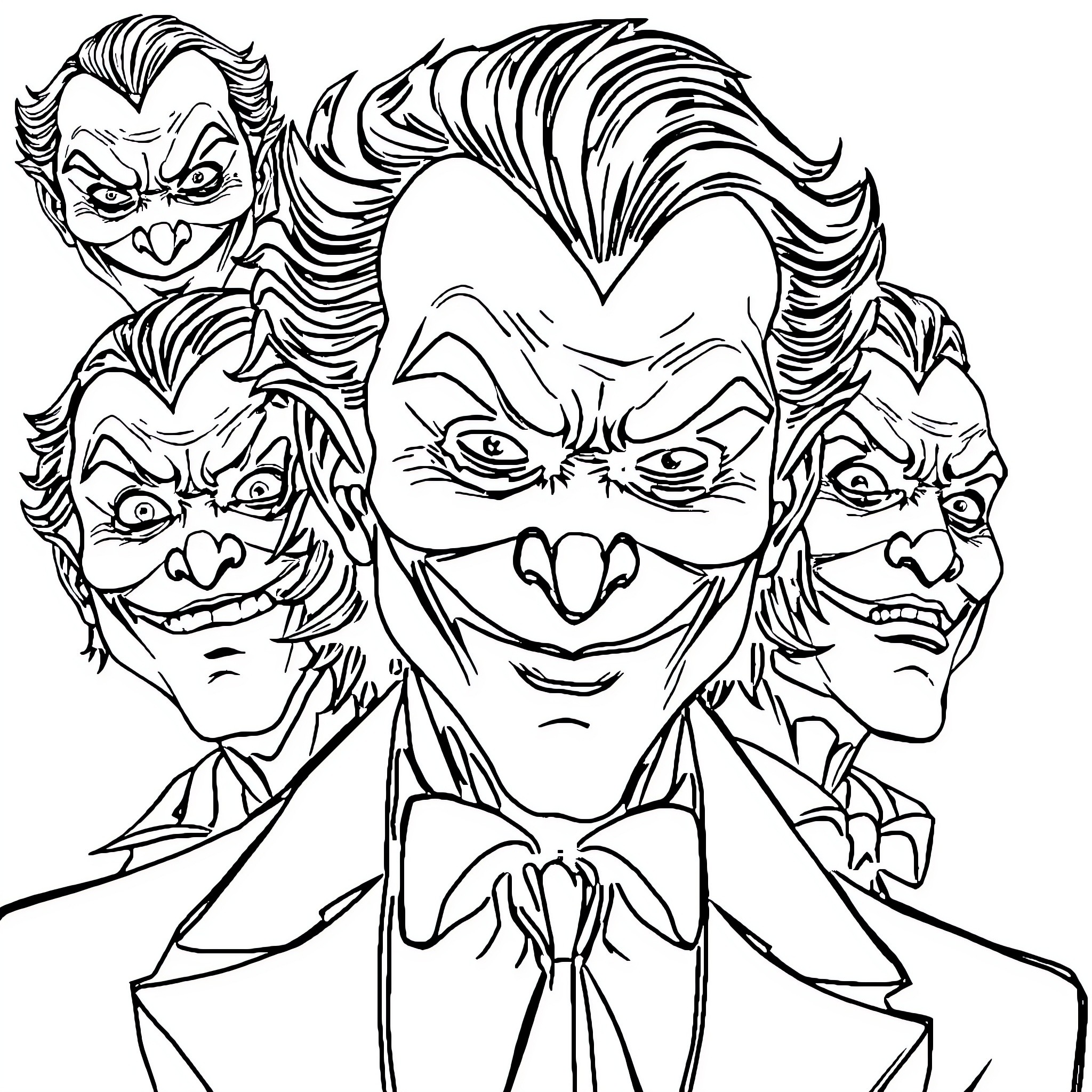 Joker's Twisted Trio: A Sinister Celebration Coloring Page (free black-and-white line drawing printable PDF for all, from beginners to advanced learners, including children, teens, adults, and seniors)