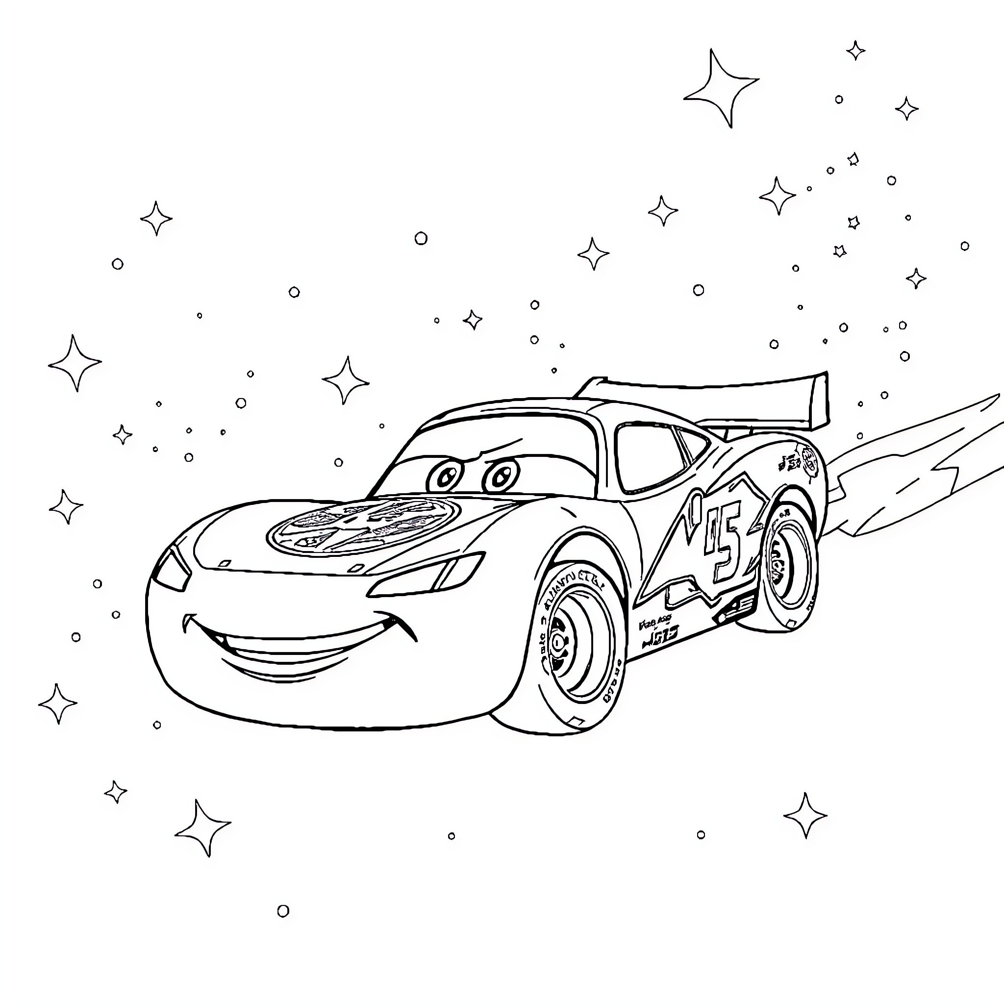 Lightning McQueen zooming in the starry night Coloring Page (free black-and-white line drawing printable PDF for all, from beginners to advanced learners, including children, teens, adults, and seniors)