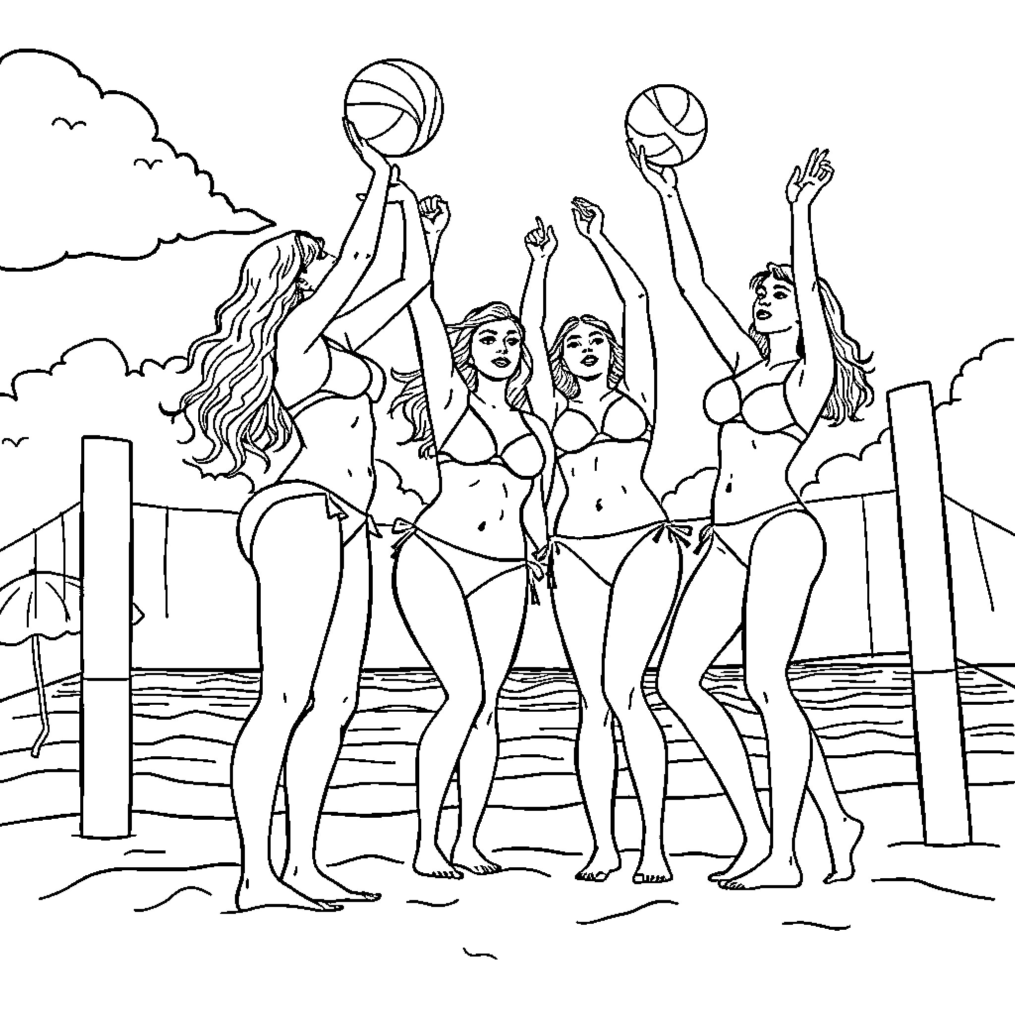 Beach Volleyball Players in Active Competition Coloring Page (free black-and-white line drawing printable PDF for all, from beginners to advanced learners, including children, teens, adults, and seniors)