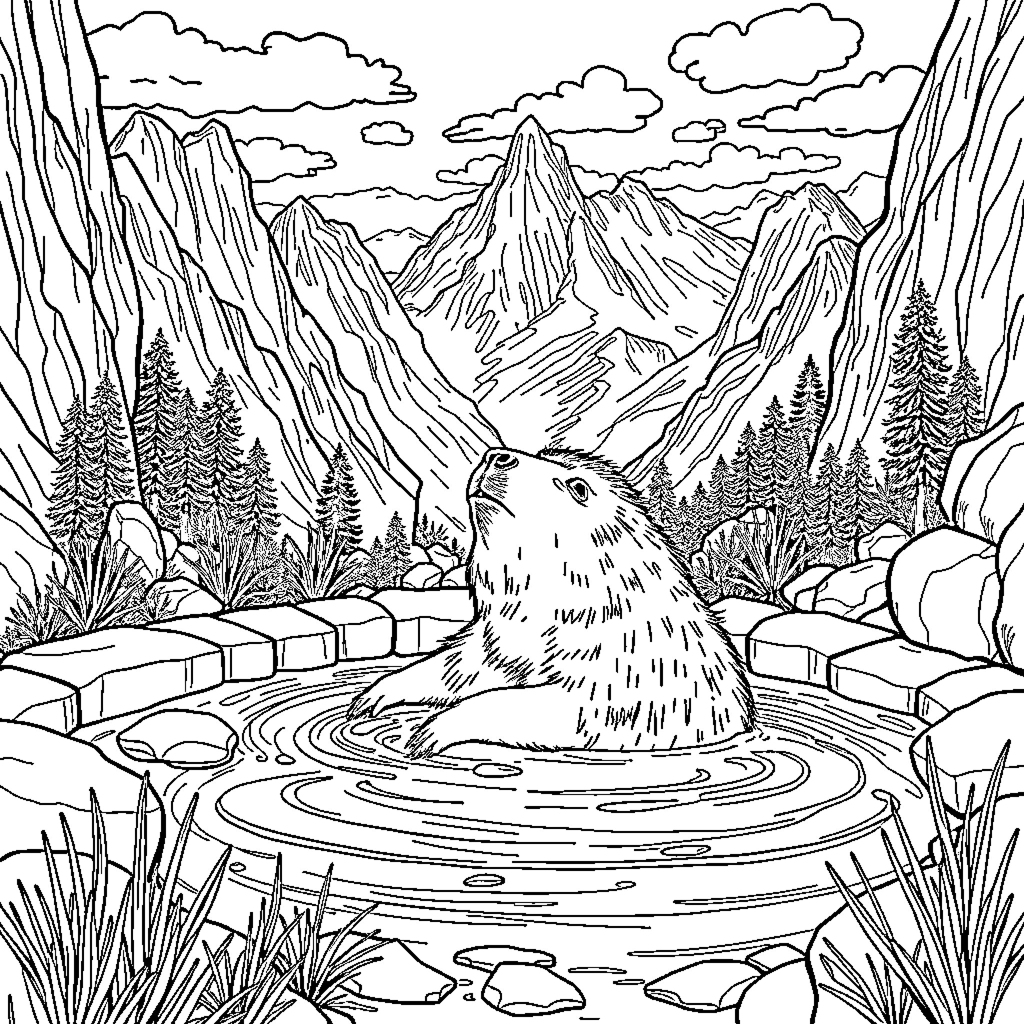 Capybara relaxing in serene mountain landscape Coloring Page (free black-and-white line drawing printable PDF for all, from beginners to advanced learners, including children, teens, adults, and seniors)
