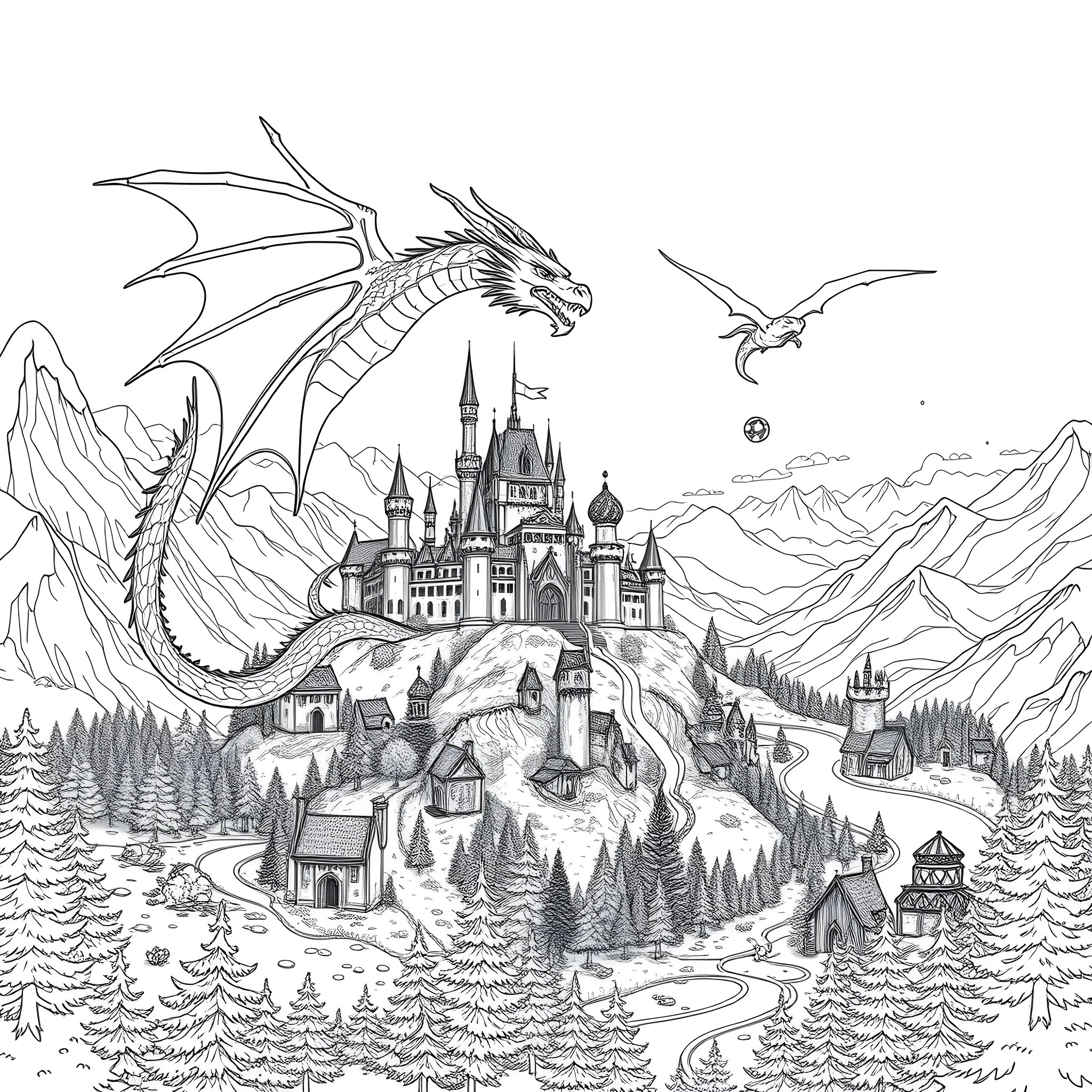 Dragon castle and mythical creatures in the mountains Coloring Page (free black-and-white line drawing printable PDF for all, from beginners to advanced learners, including children, teens, adults, and seniors)