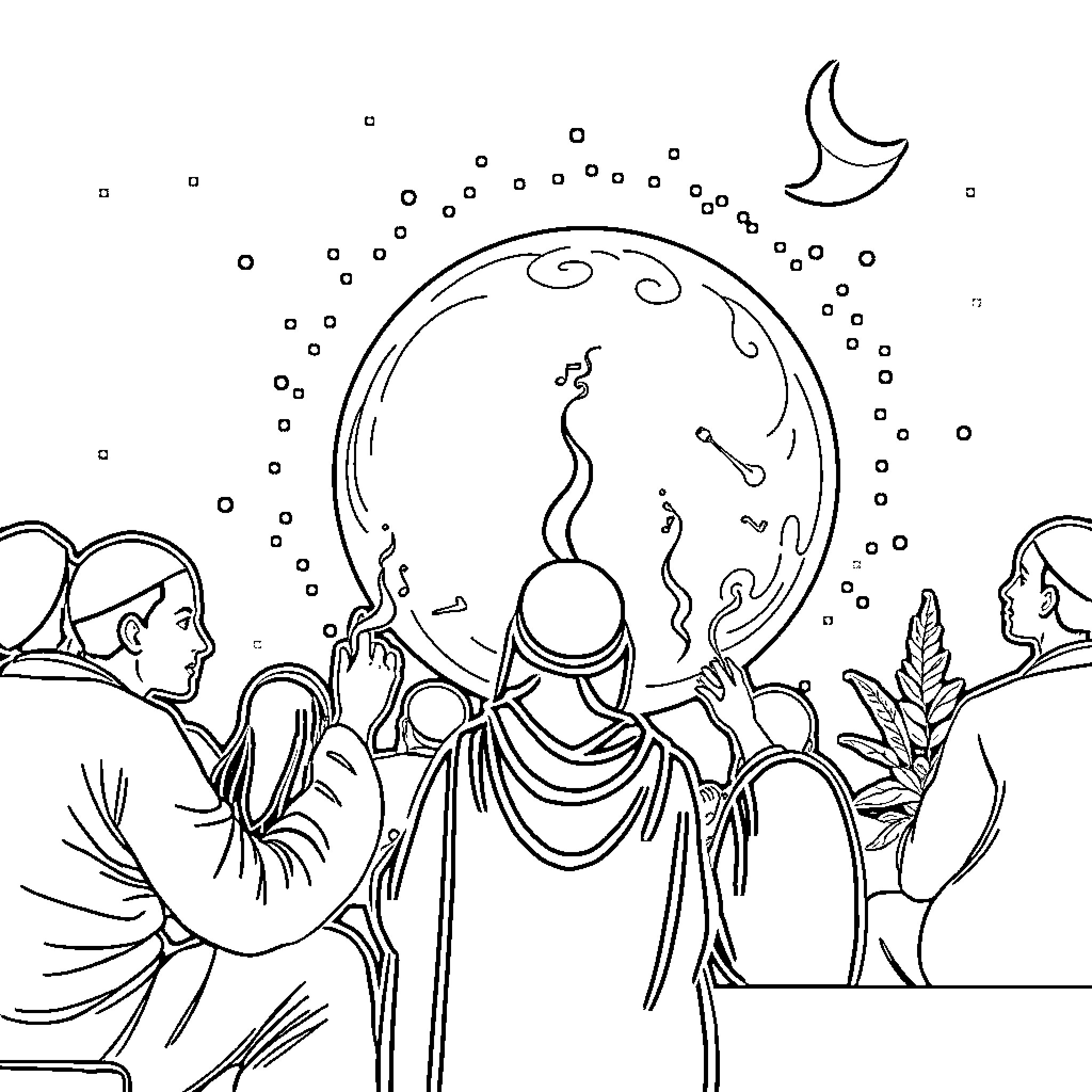Sahur gathering under the crescent moon Coloring Page (free black-and-white line drawing printable PDF for all, from beginners to advanced learners, including children, teens, adults, and seniors)
