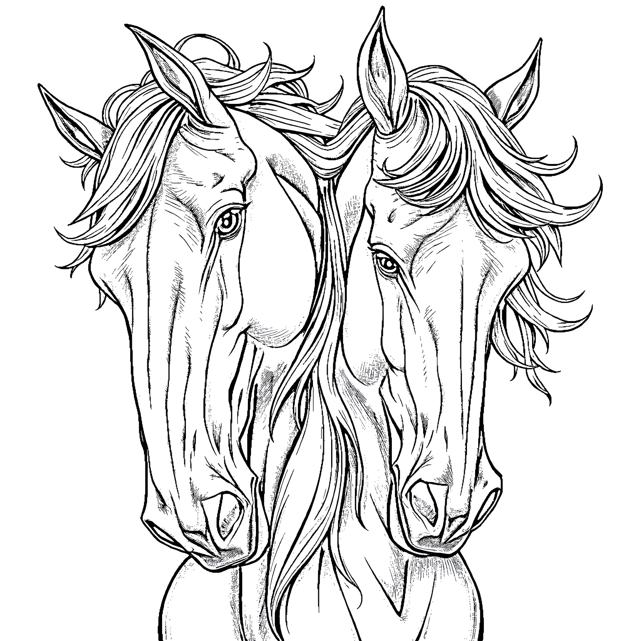 Horseman's Majestic Equine Companions Coloring Page (free black-and-white line drawing printable PDF for all, from beginners to advanced learners, including children, teens, adults, and seniors)
