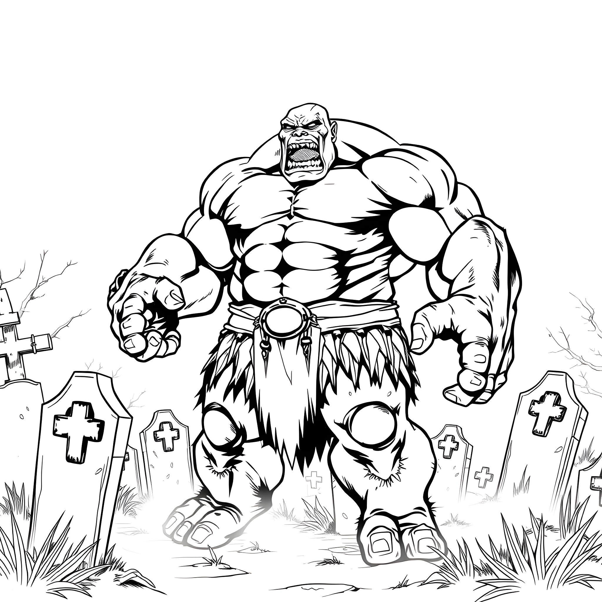 Skulk of a muscular monster in a graveyard Coloring Page (free black-and-white line drawing printable PDF for all, from beginners to advanced learners, including children, teens, adults, and seniors)