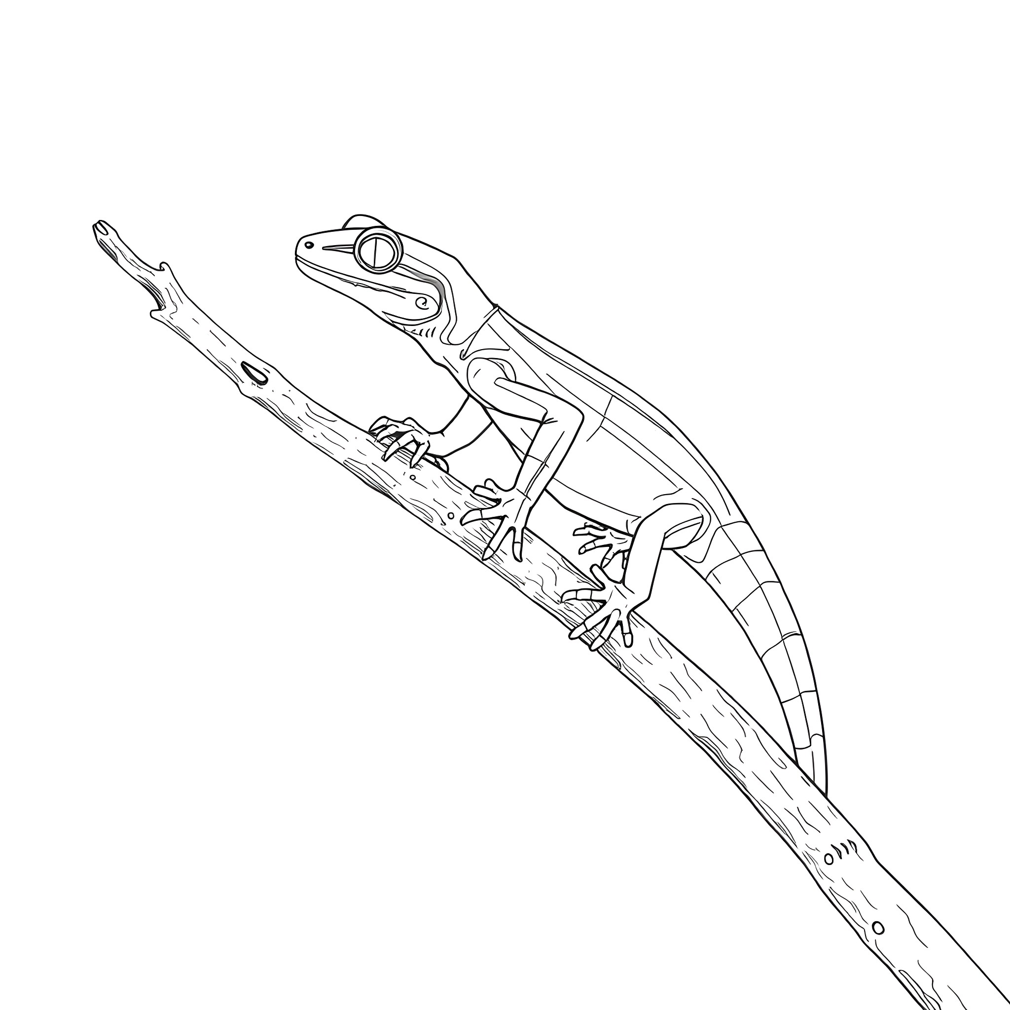 Skink climbing on a branch Coloring Page (free black-and-white line drawing printable PDF for all, from beginners to advanced learners, including children, teens, adults, and seniors)