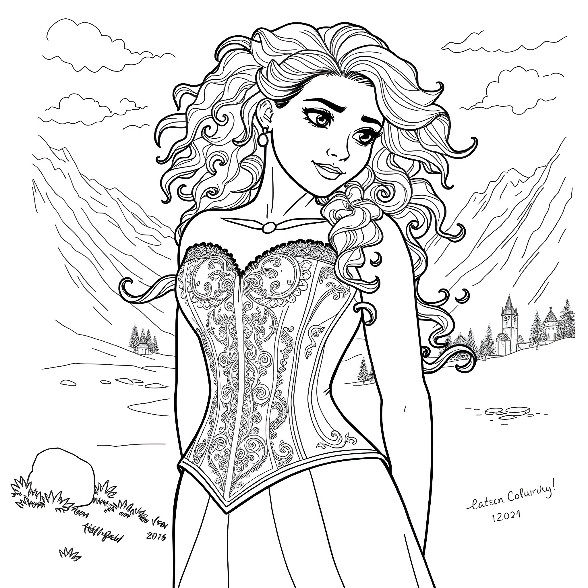 Merida in a Floral Corset Enjoying the Mountainous Landscape Coloring Page (free black-and-white line drawing printable PDF for all, from beginners to advanced learners, including children, teens, adults, and seniors)