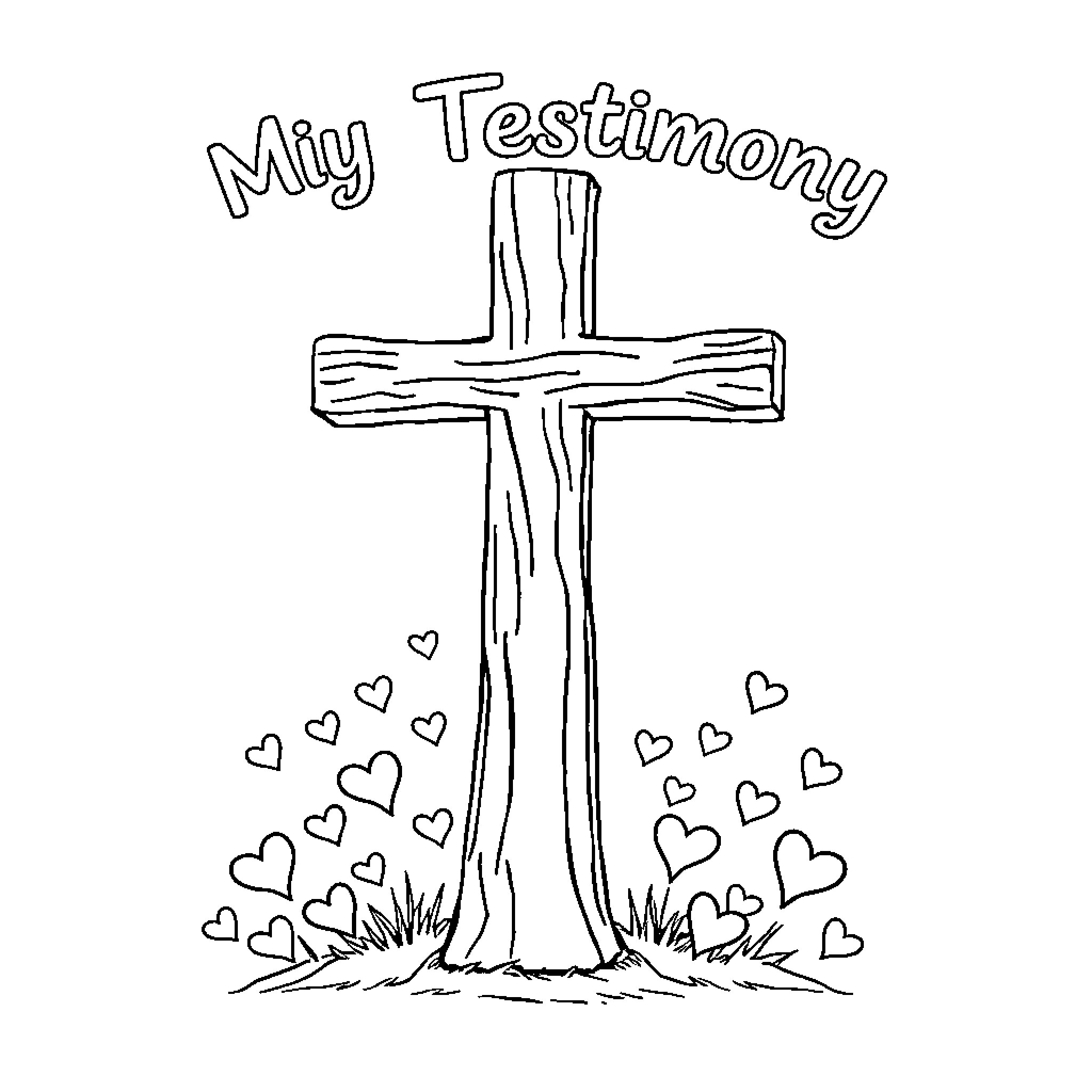 Cross with hearts and testimony Coloring Page (free black-and-white line drawing printable PDF for all, from beginners to advanced learners, including children, teens, adults, and seniors)
