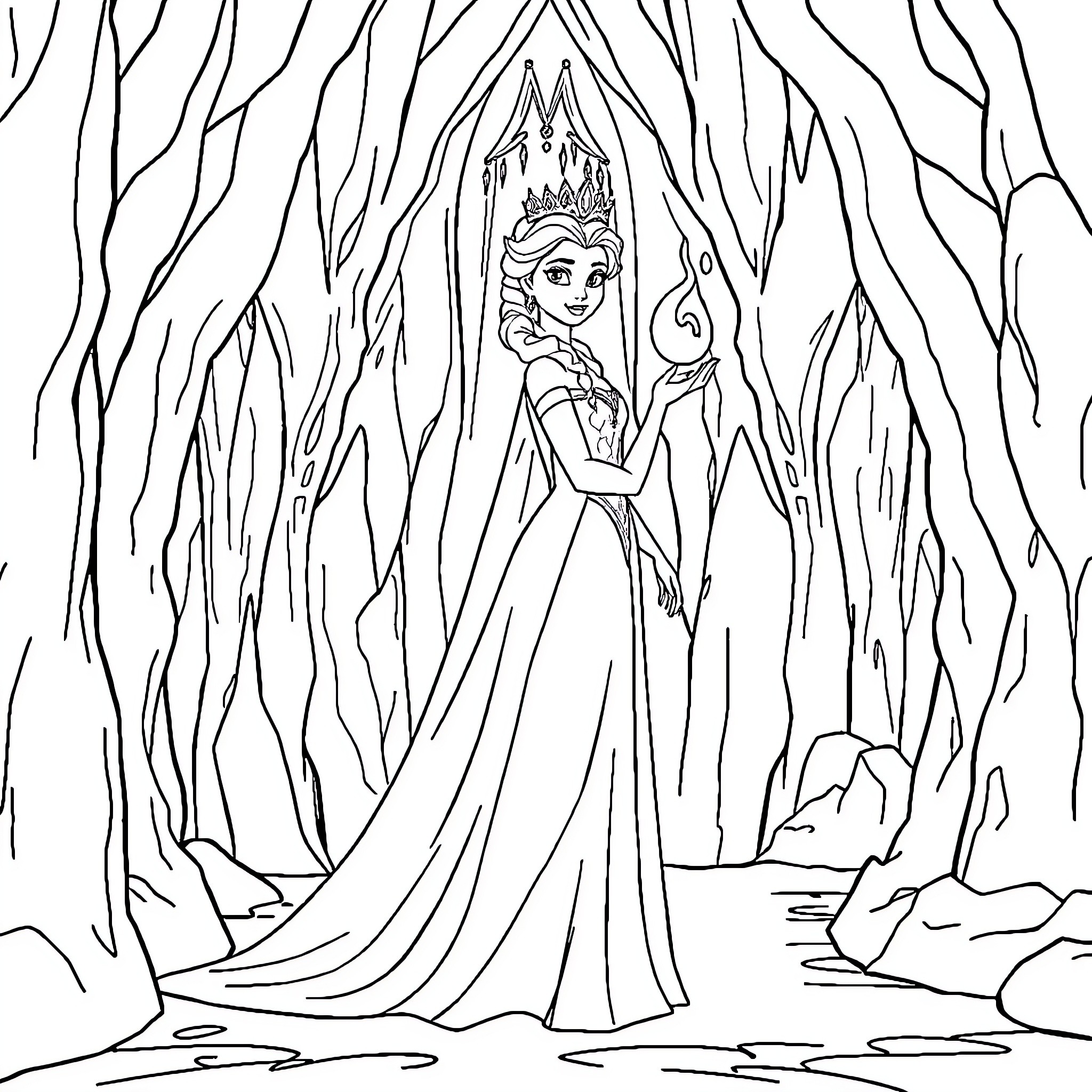 Elsa in a Frozen Forest Coloring Page (free black-and-white line drawing printable PDF for all, from beginners to advanced learners, including children, teens, adults, and seniors)