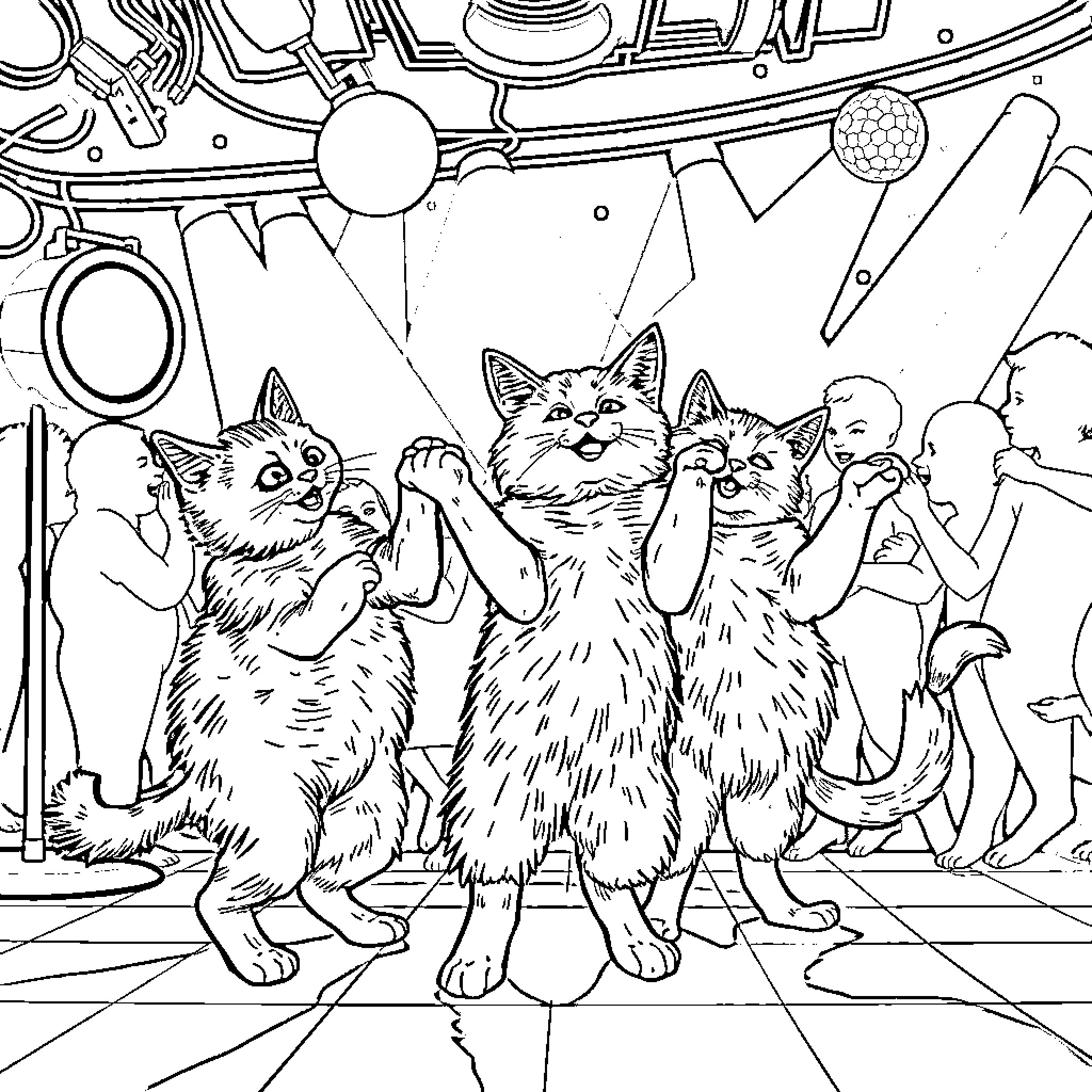 Cats celebrating under cosmic backdrop Coloring Page (free black-and-white line drawing printable PDF for all, from beginners to advanced learners, including children, teens, adults, and seniors)