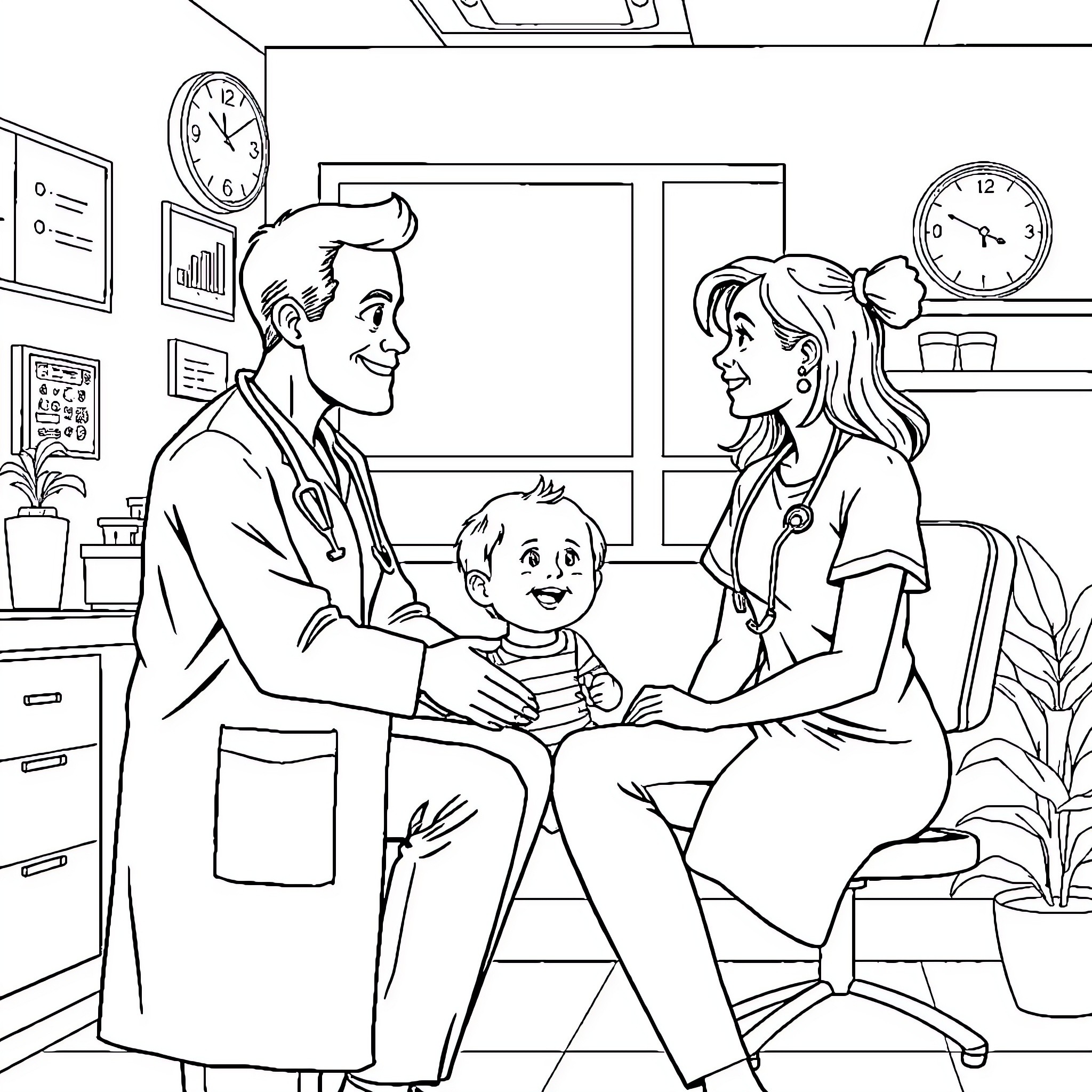 Doctor Examining Patient with Compassion Coloring Page (free black-and-white line drawing printable PDF for all, from beginners to advanced learners, including children, teens, adults, and seniors)