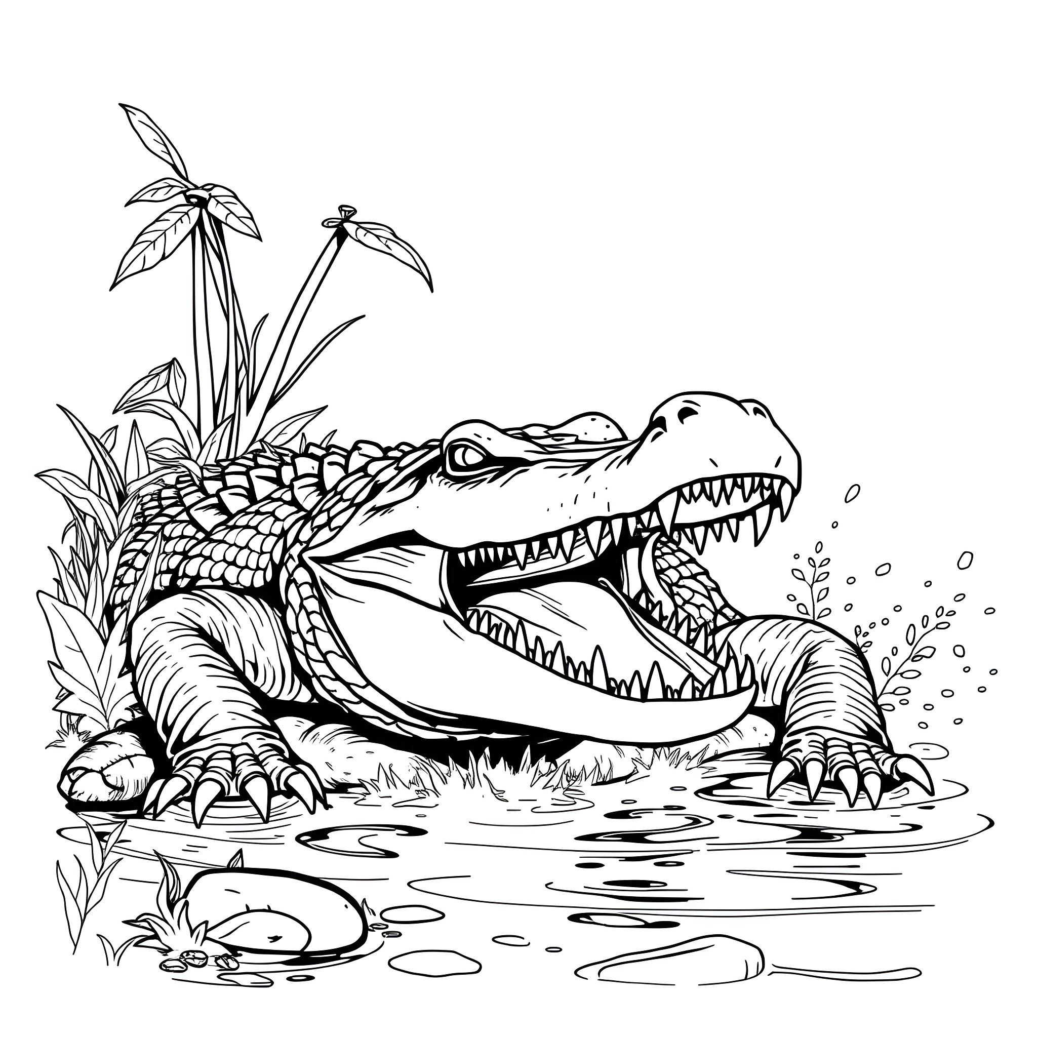 Crocodile lounging in the swampy habitat Coloring Page (free black-and-white line drawing printable PDF for all, from beginners to advanced learners, including children, teens, adults, and seniors)